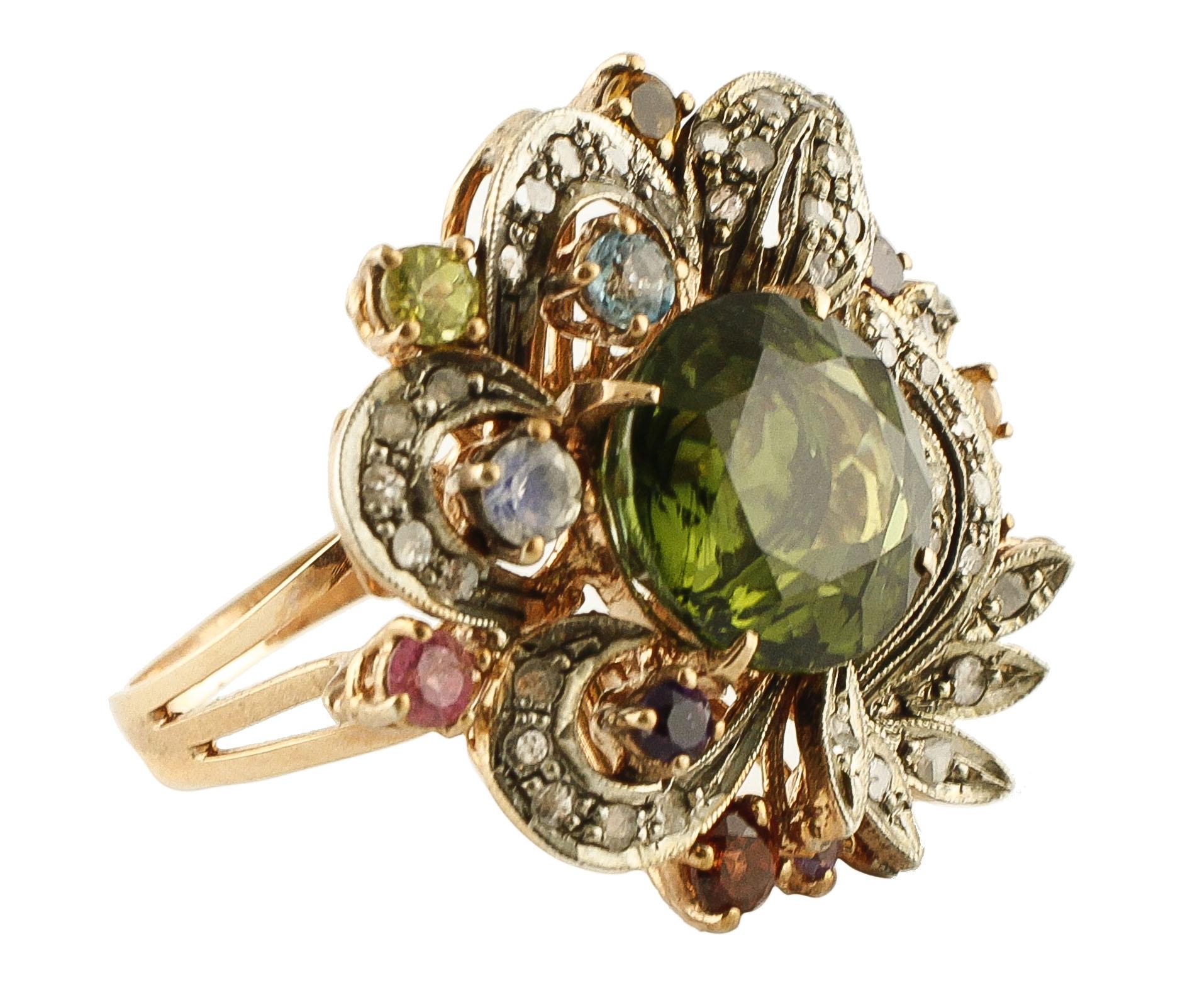 Retro Diamonds Tourmalines Topazes Amethysts Garnets Peridot Rose Gold Silver Ring