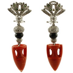 Diamonds, Tsavorite, Onyx, red amphoras 14 Karat White Gold Dangle Earrings