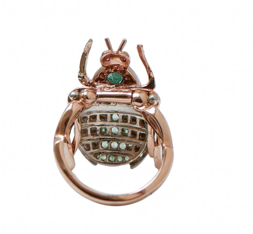 Retro Diamonds, Tsavorite, Rubies, Emeralds, Rose Gold and Silver Beetle Ring For Sale