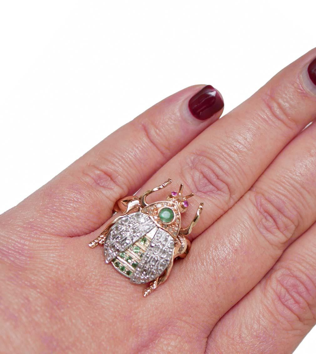 Diamonds, Tsavorite, Rubies, Emeralds, Rose Gold and Silver Beetle Ring In Good Condition For Sale In Marcianise, Marcianise (CE)
