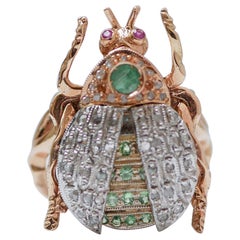 Diamonds, Tsavorite, Rubies, Emeralds, Rose Gold and Silver Beetle Ring