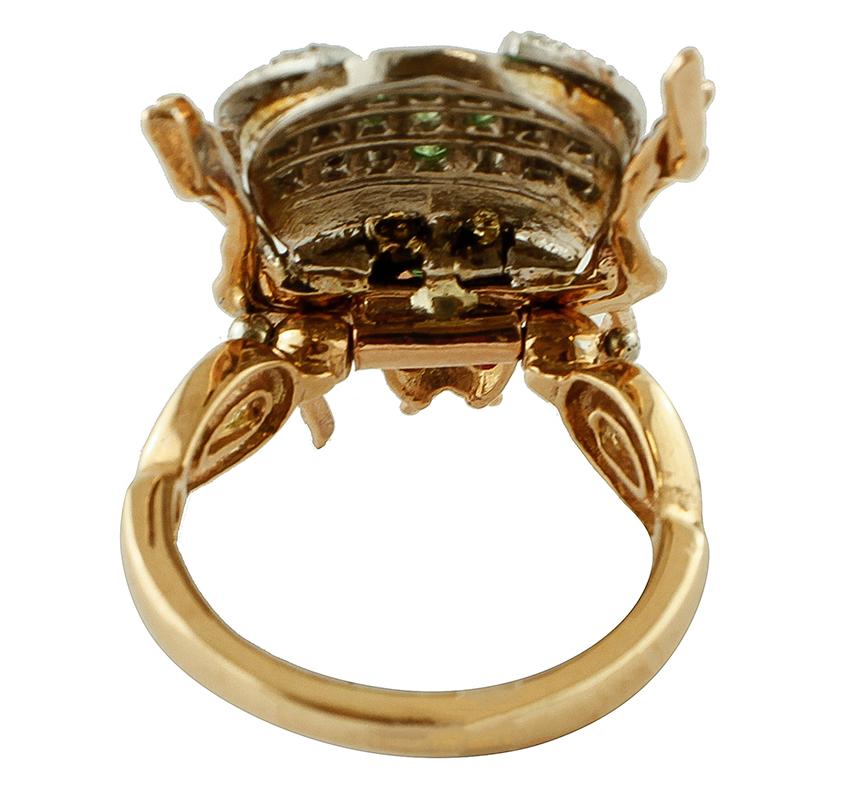 Retro Diamonds, Tsavorite, Rubies, Emeralds, 9 Karat Rose Gold and Silver Beetle Ring