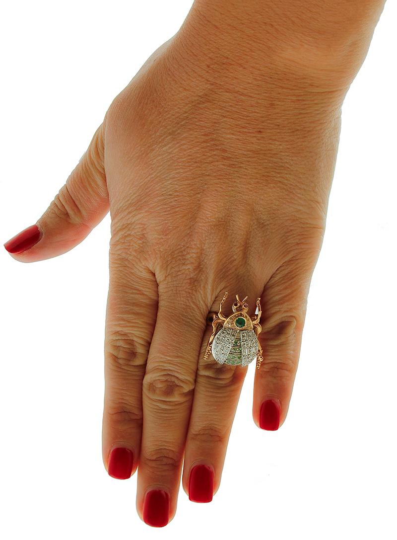 Women's Diamonds, Tsavorite, Rubies, Emeralds, 9 Karat Rose Gold and Silver Beetle Ring