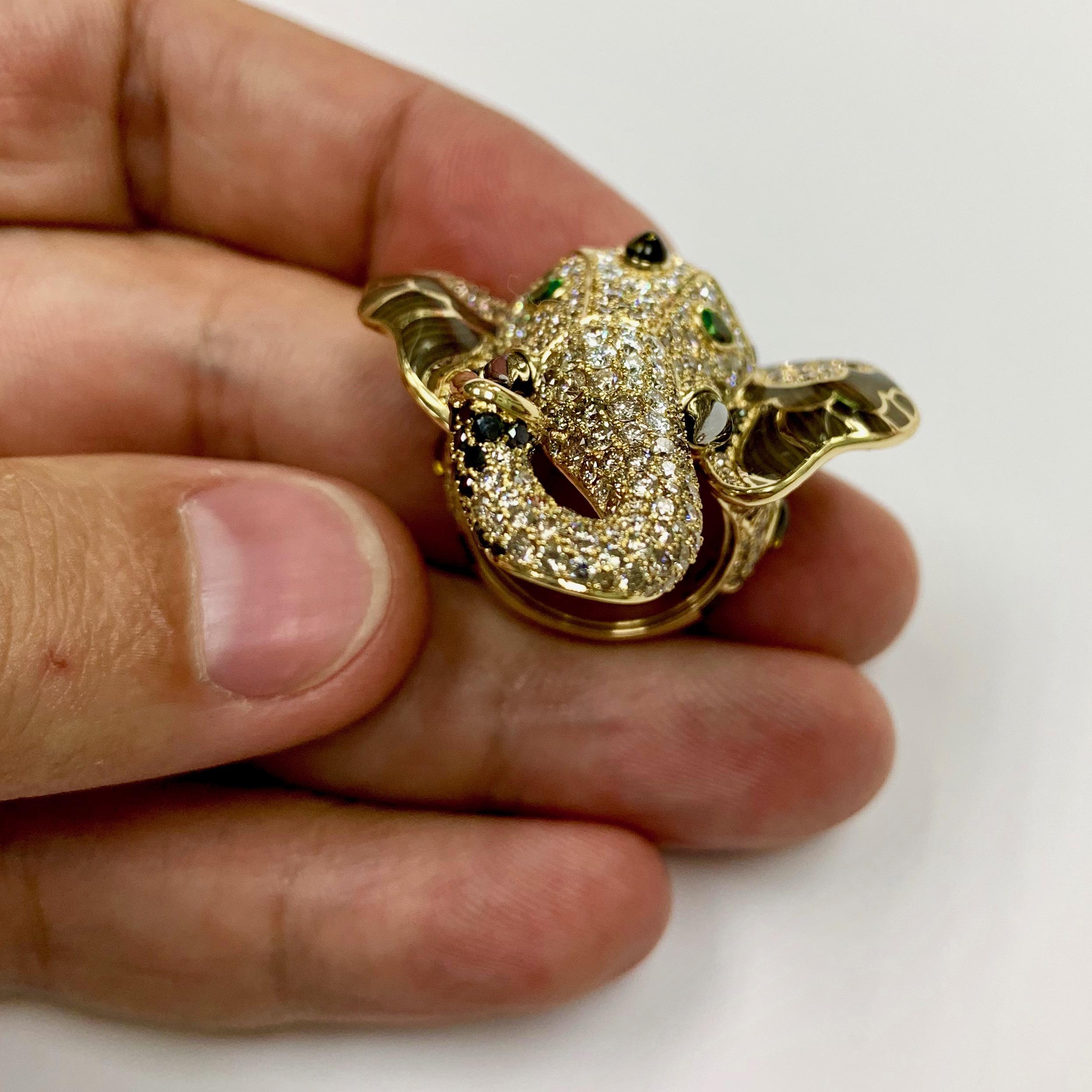 Contemporary Diamonds Tsavorite Tourmaline Enamel 18 Karat Yellow Gold Elephant Ring For Sale