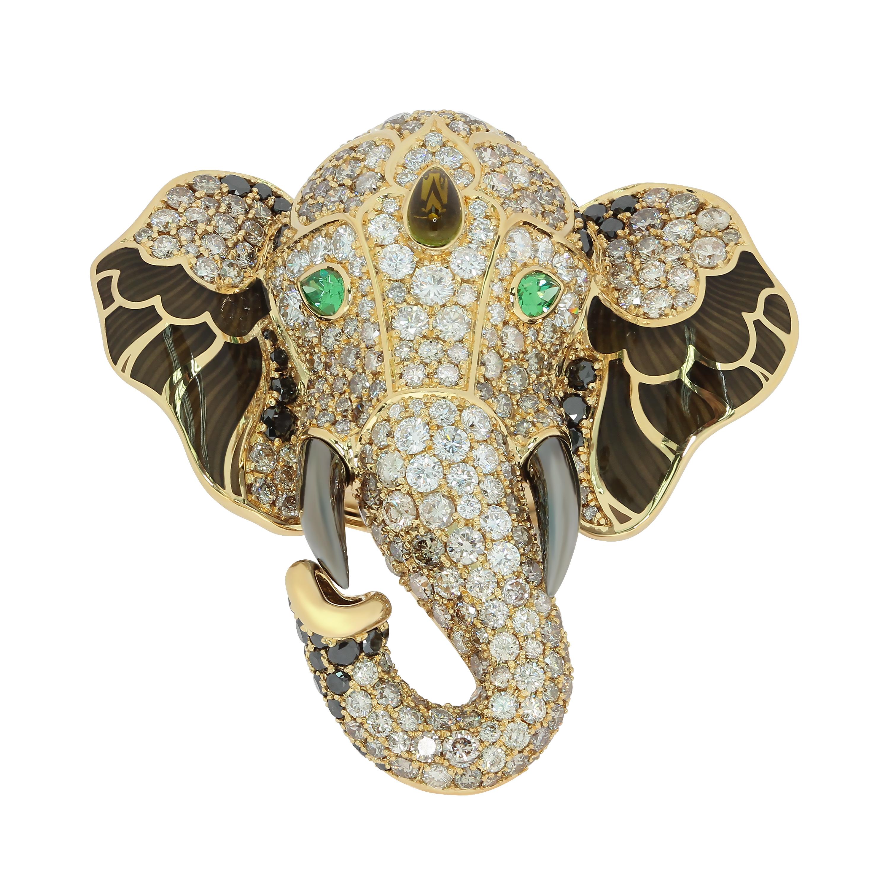 Bague éléphant en or jaune 18 carats, diamants, tourmaline, tsavorite et émail