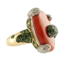 Diamonds Tsavorites Coral 18 kt Yellow and White Gold  Ring