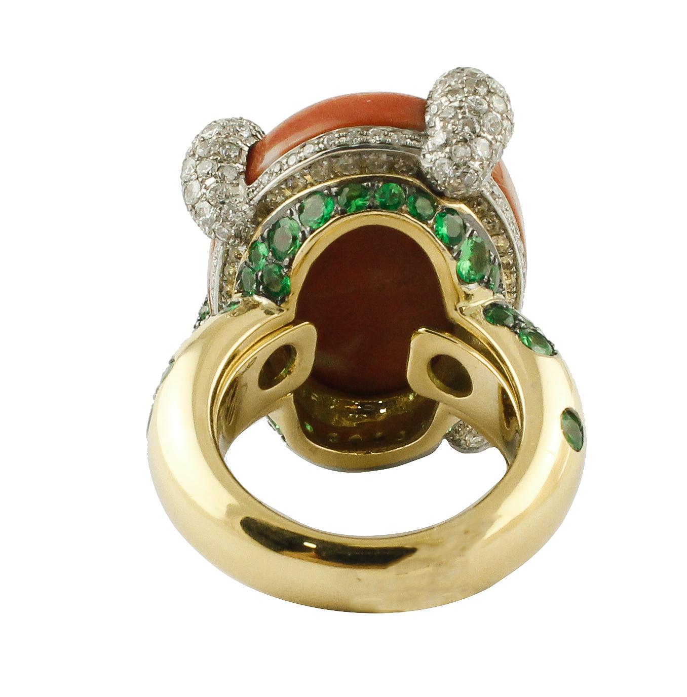 Modern Diamonds Tsavorites Coral 18 kt Yellow and White Gold  Ring For Sale