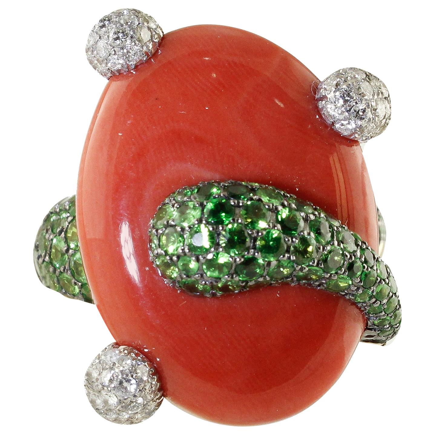 Diamonds Tsavorites Coral 18 kt Yellow and White Gold  Ring For Sale