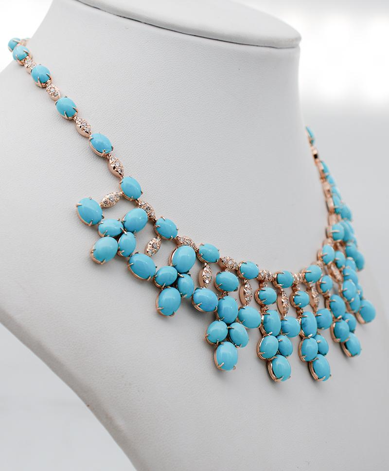 Retro Diamonds, Turquoise, 14 Karat Rose Gold Necklace