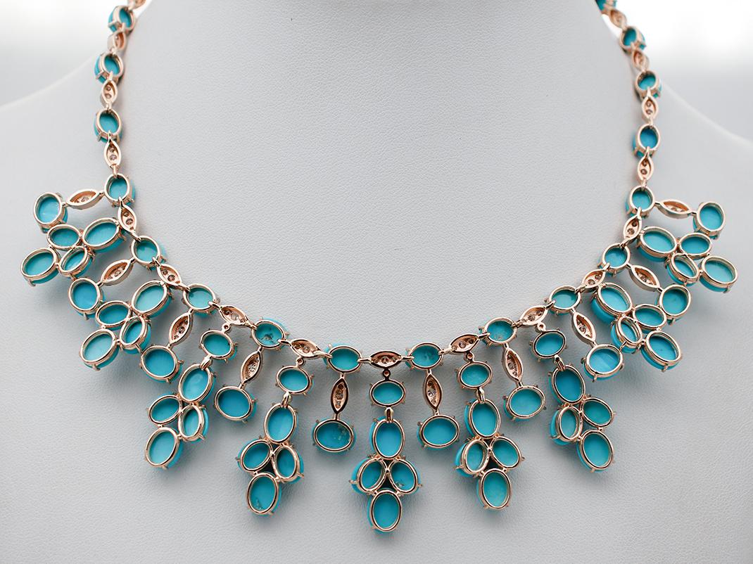 Mixed Cut Diamonds, Turquoise, 14 Karat Rose Gold Necklace