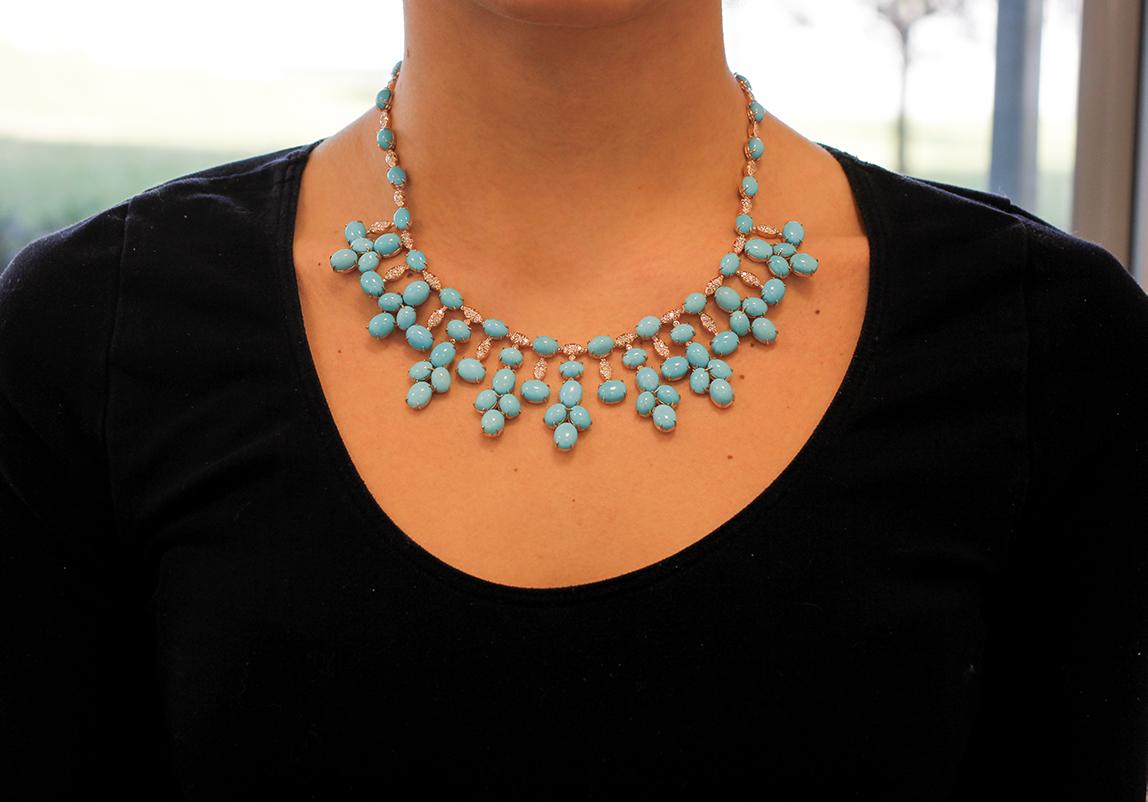 Women's Diamonds, Turquoise, 14 Karat Rose Gold Necklace