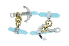 Diamonds, Turquoise, 14 Karat White and Yellow Anchor Shape Cufflinks