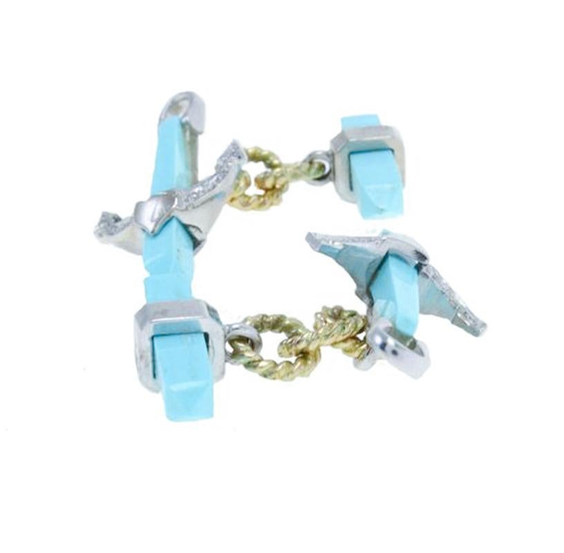 Retro Diamonds, Turquoise, 14 Karat White and Yellow Anchor Shape Cufflinks For Sale