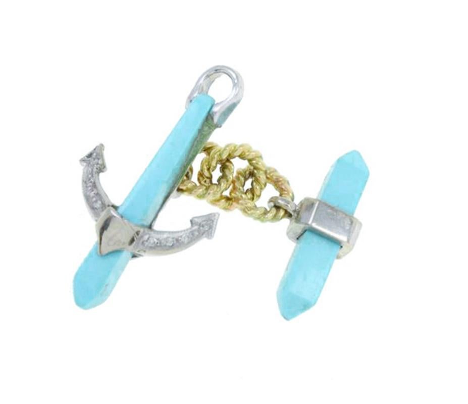 Mixed Cut Diamonds, Turquoise, 14 Karat White and Yellow Anchor Shape Cufflinks For Sale