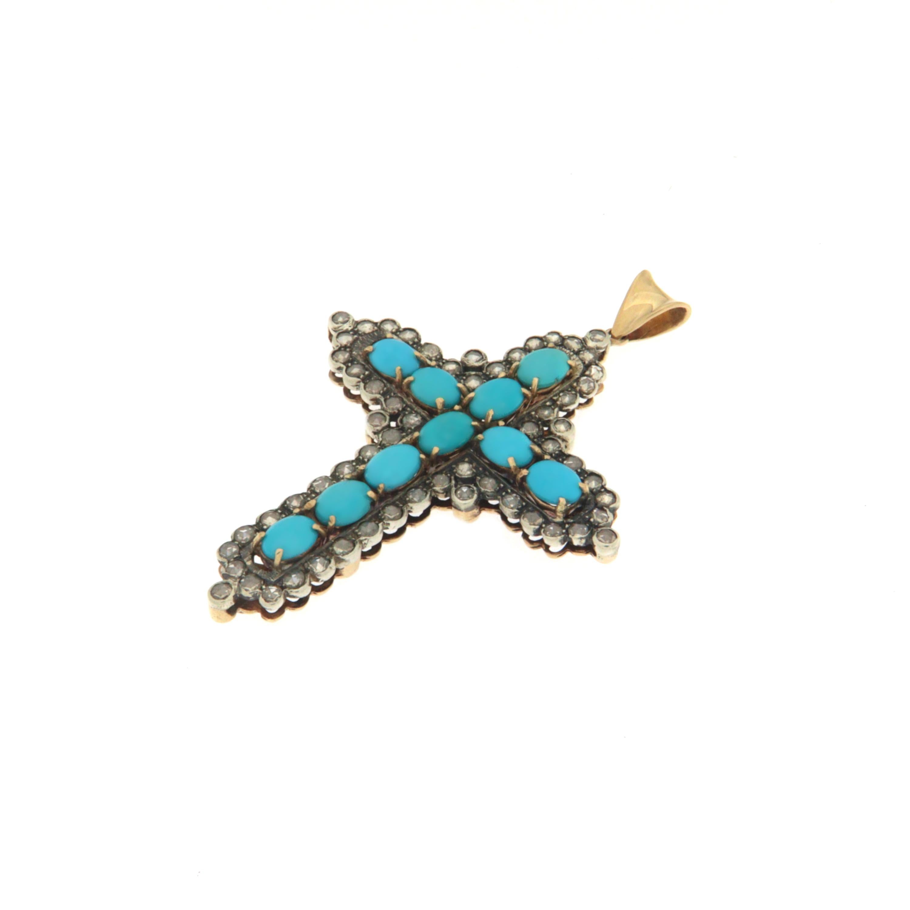 Halskette mit Kreuzanhänger, Diamanten Türkis 14 Karat Gelbgold (Kunsthandwerker*in) im Angebot