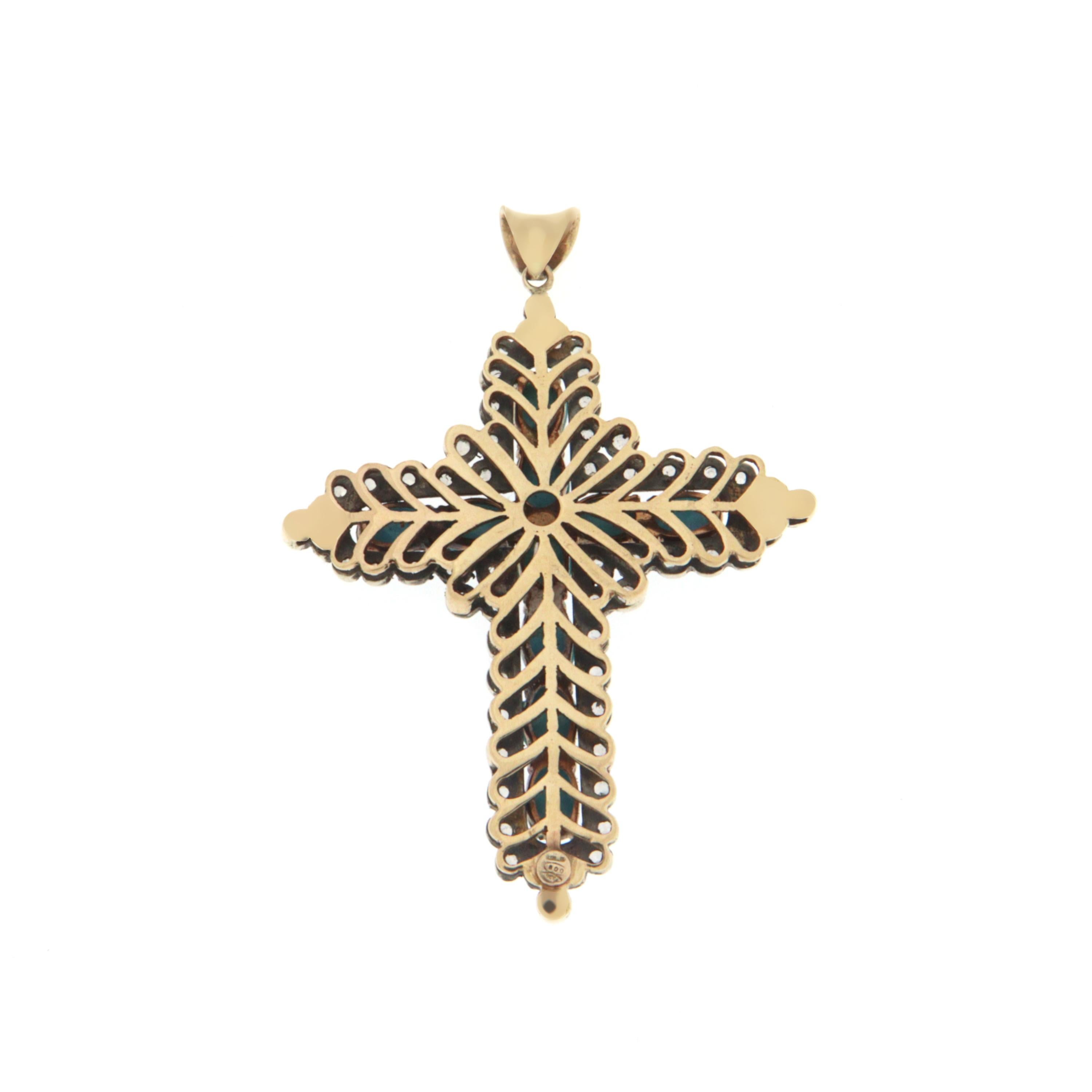 Artisan Diamonds Turquoise 14 Karat Yellow Gold Cross Pendant Necklace