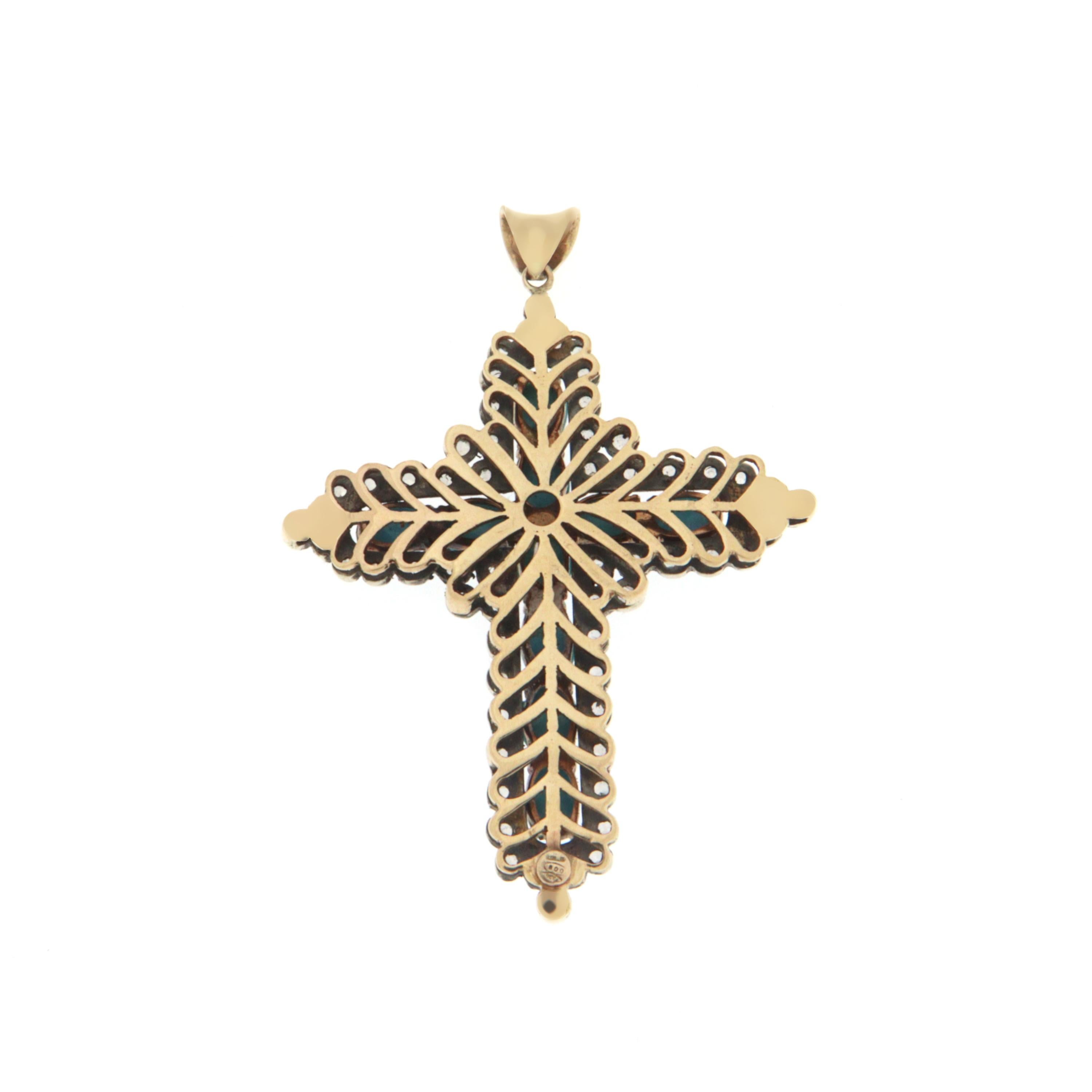 Artisan Diamonds Turquoise 14 Karat Yellow Gold Cross Pendant Necklace For Sale