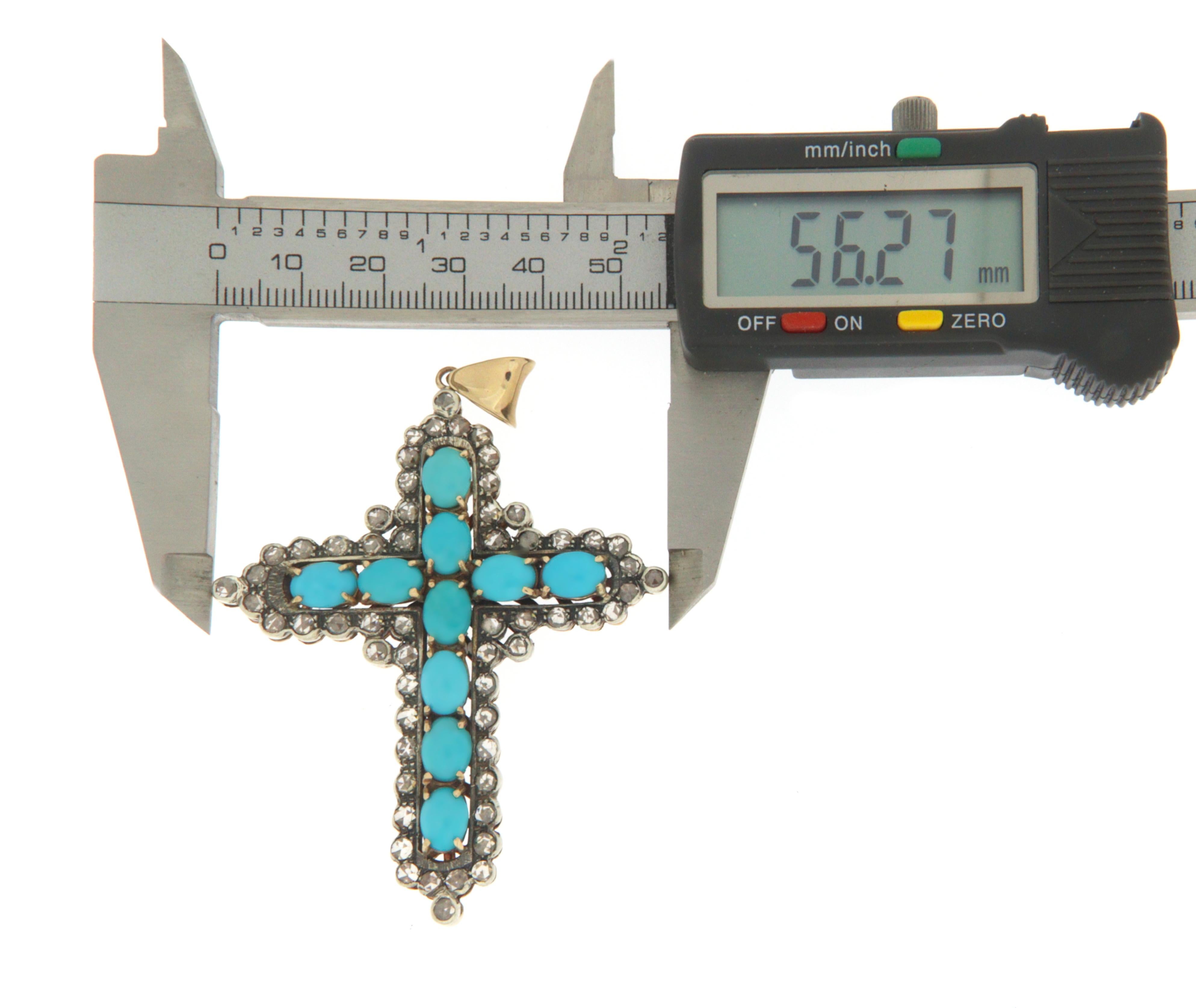 Rose Cut Diamonds Turquoise 14 Karat Yellow Gold Cross Pendant Necklace