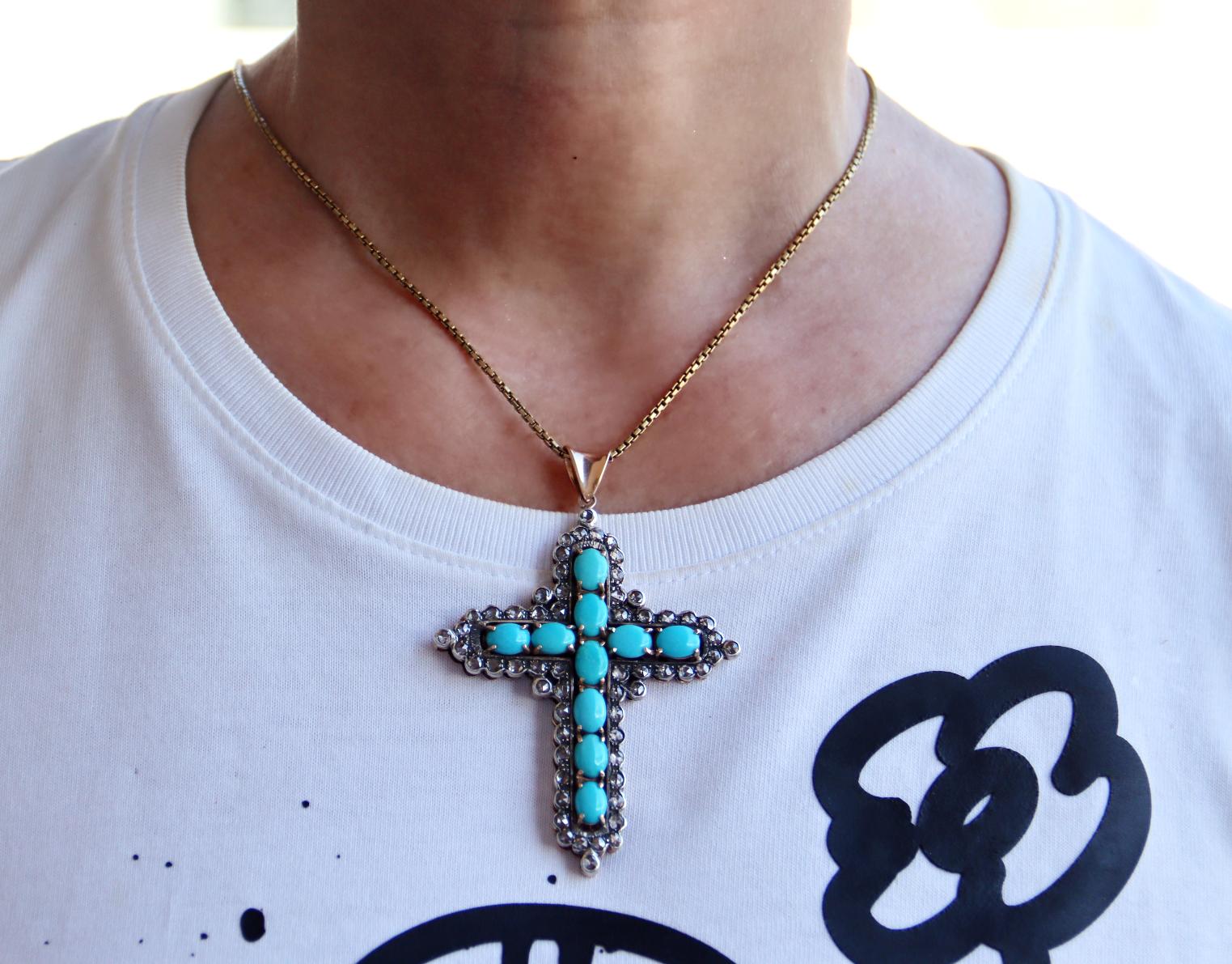 Women's Diamonds Turquoise 14 Karat Yellow Gold Cross Pendant Necklace For Sale