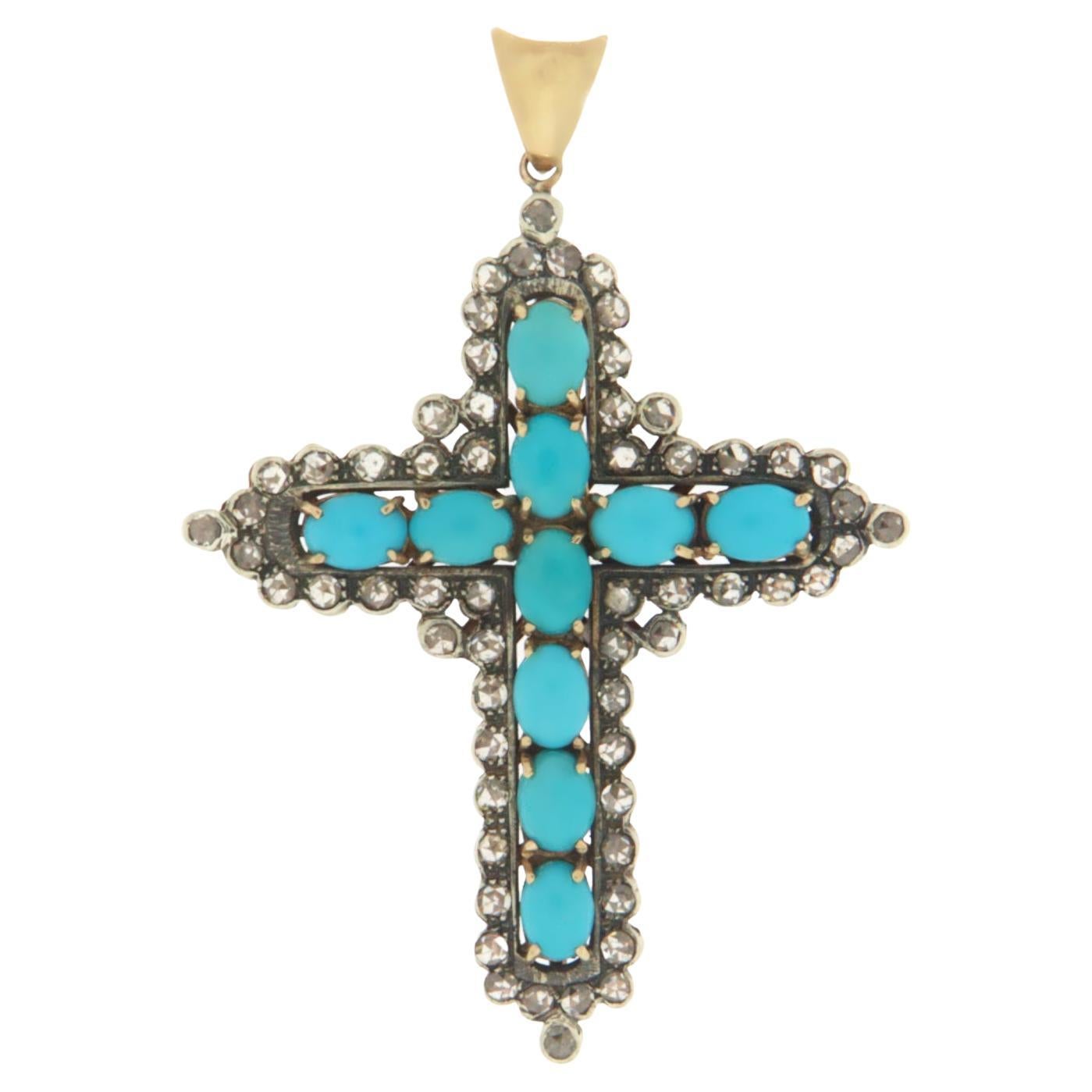 Diamonds Turquoise 14 Karat Yellow Gold Cross Pendant Necklace For Sale