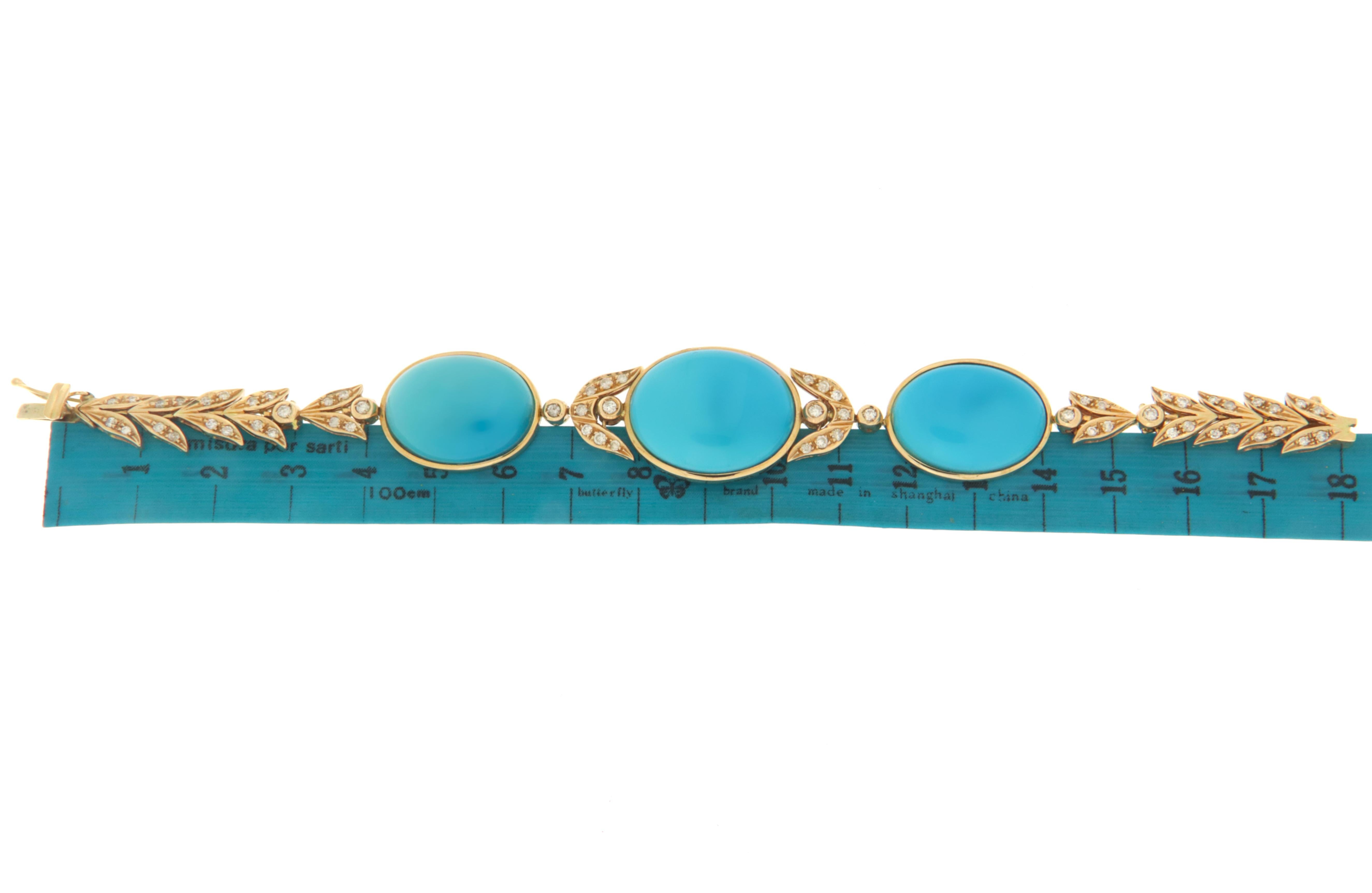 Diamonds Turquoise 14 Karat Yellow Gold Cuff Bracelet In New Condition In Marcianise, IT