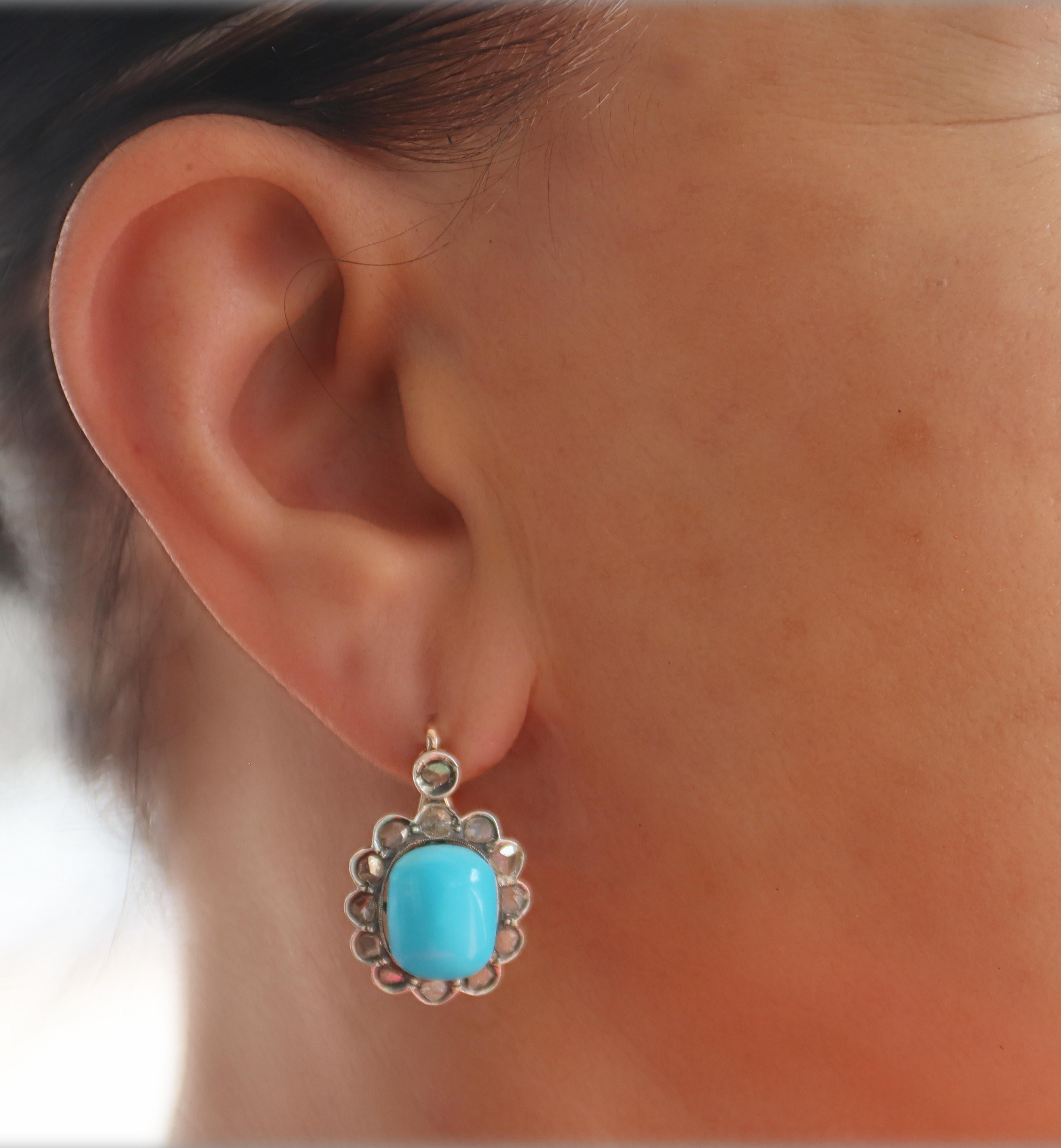 Diamonds Turquoise 14 Karat Yellow Gold Stud Earrings For Sale 4