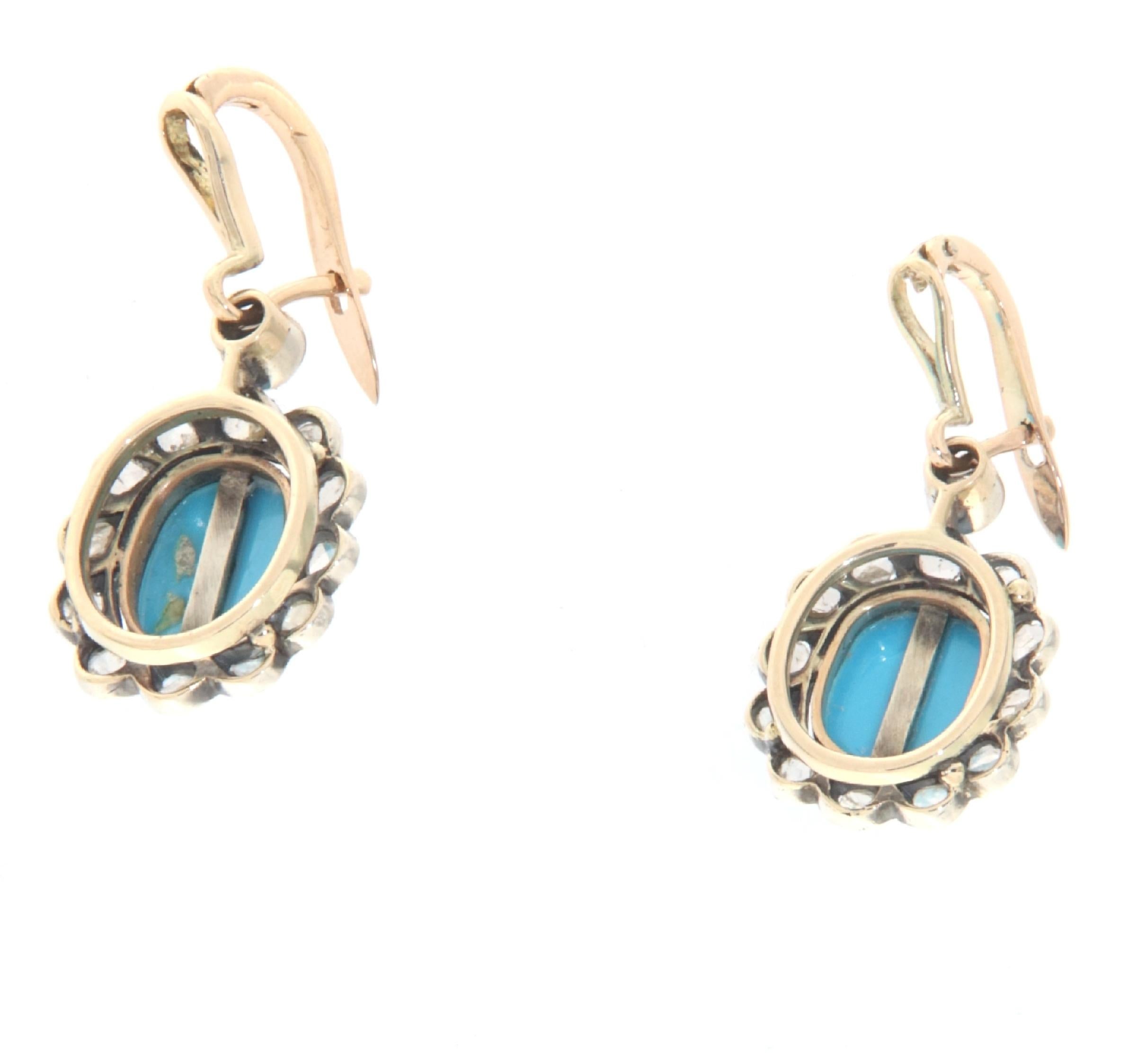 Artisan Diamonds Turquoise 14 Karat Yellow Gold Stud Earrings For Sale