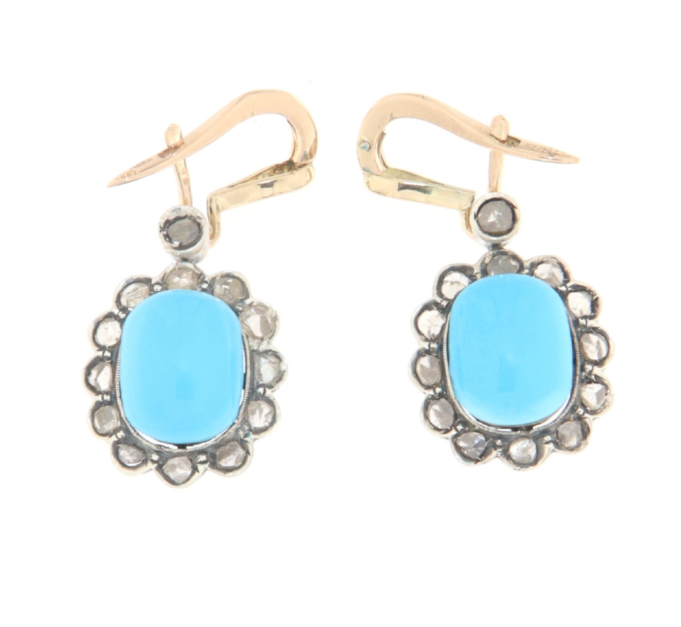 Old European Cut Diamonds Turquoise 14 Karat Yellow Gold Stud Earrings For Sale
