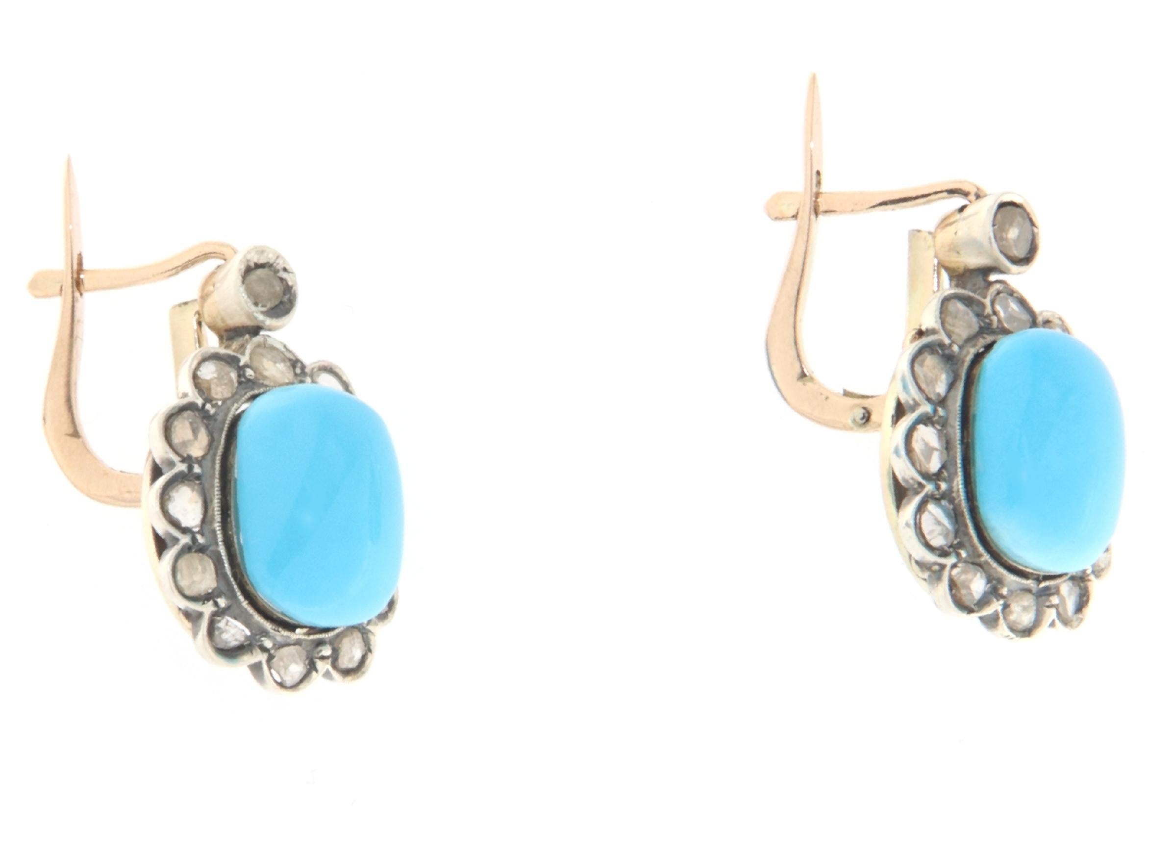 Diamonds Turquoise 14 Karat Yellow Gold Stud Earrings In New Condition For Sale In Marcianise, IT