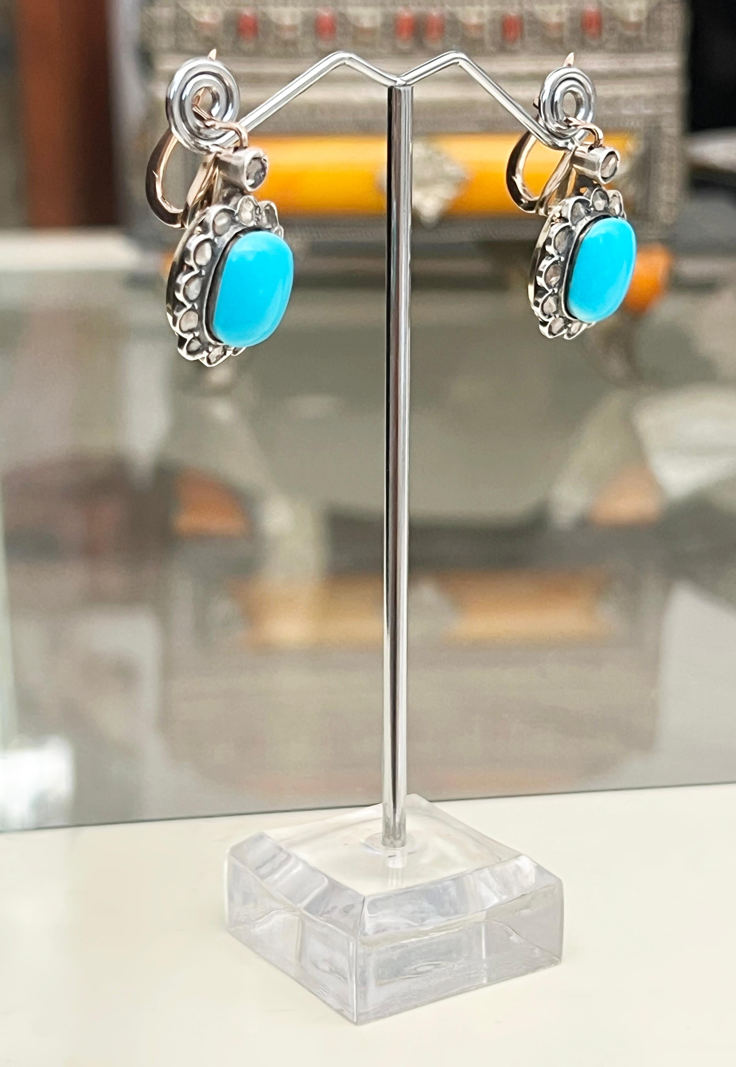 Diamonds Turquoise 14 Karat Yellow Gold Stud Earrings For Sale 2