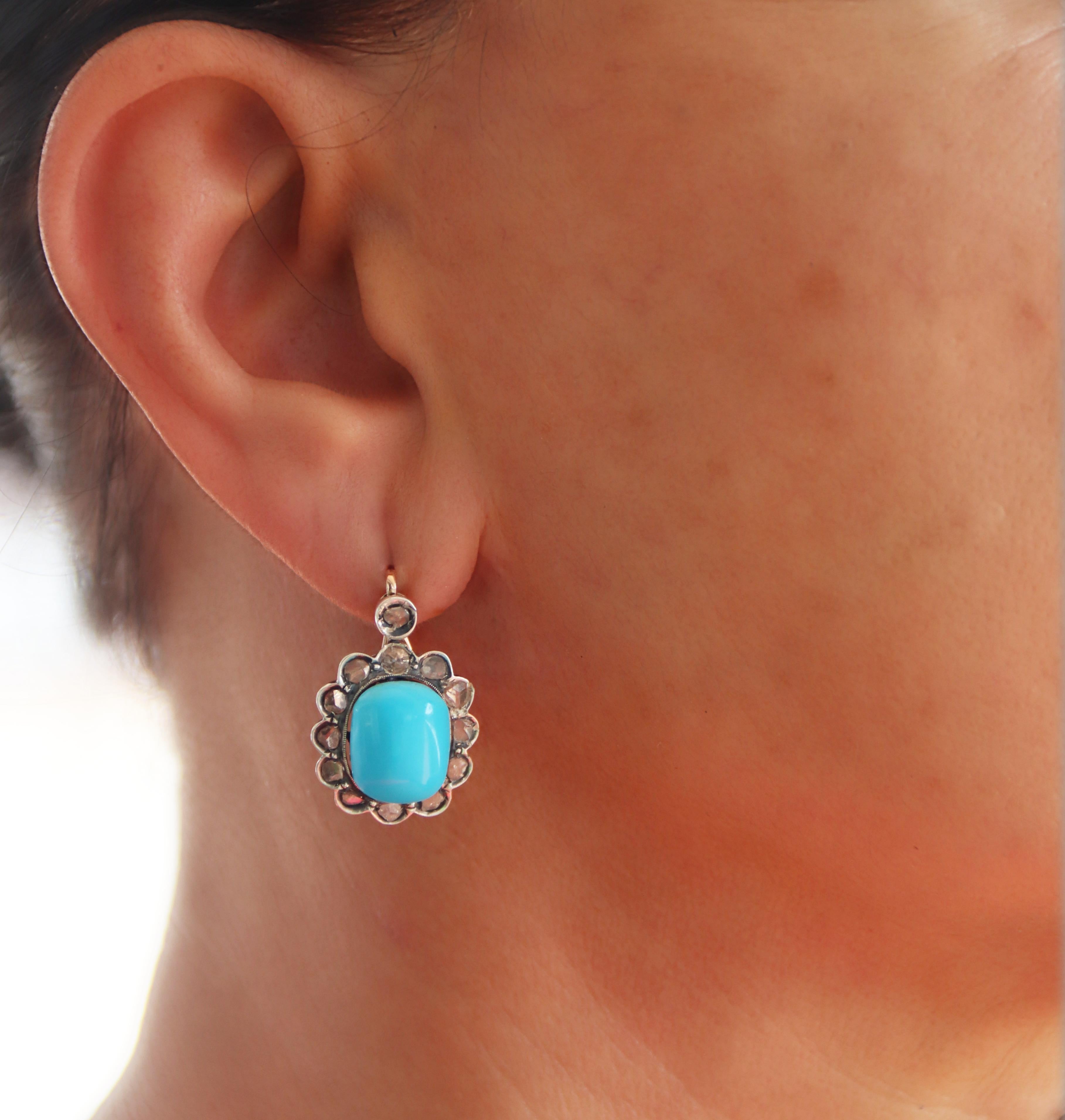 Diamonds Turquoise 14 Karat Yellow Gold Stud Earrings For Sale 3