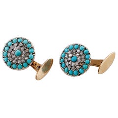 Retro Diamonds, Turquoise, 9 Karat Rose Gold and Silver Cufflinks