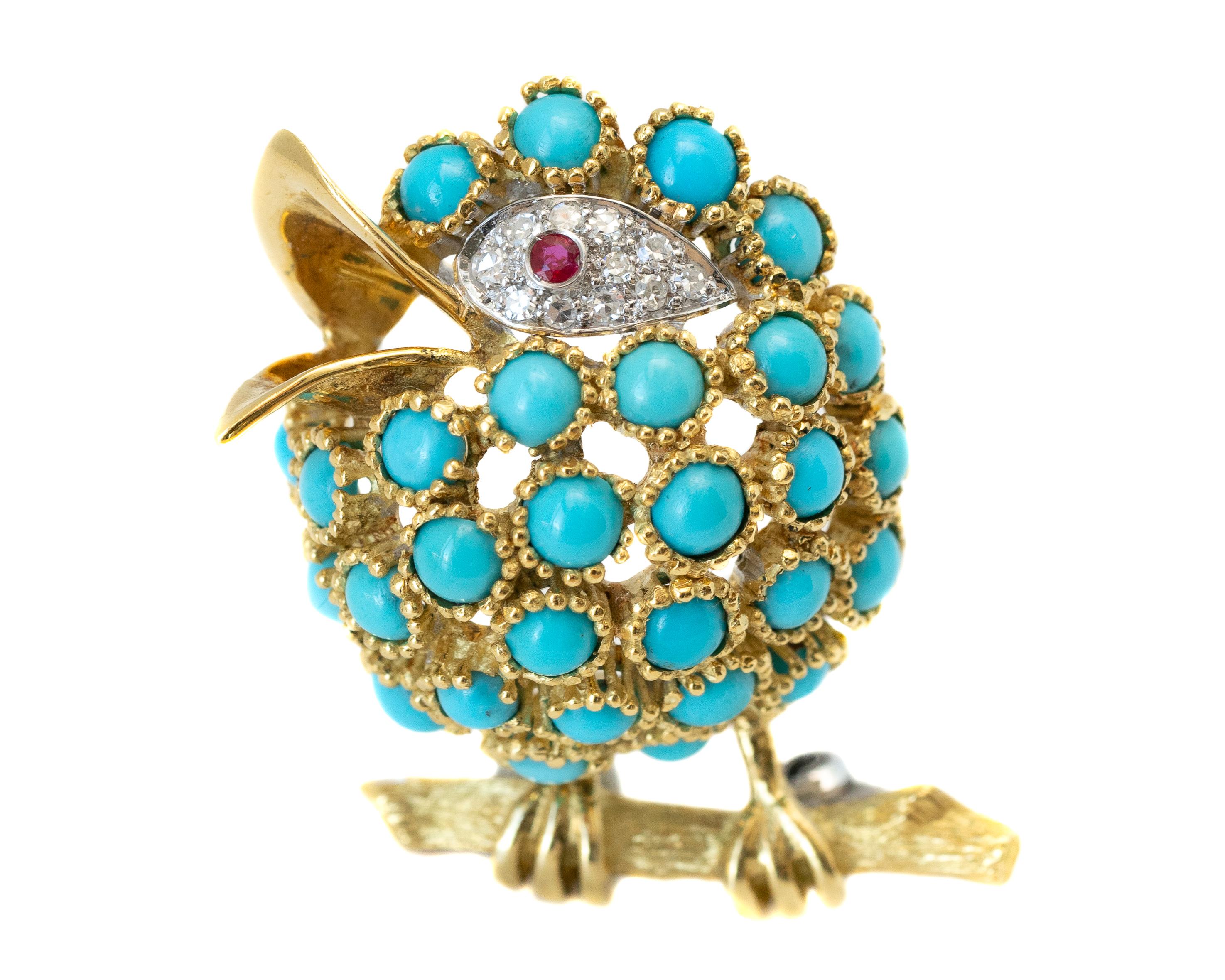 Here is a beautiful puffed Gold puffed bird brooch crafted in 18 Karat Yellow Gold, Turquoise, Diamonds, Ruby. The bird is perched on a branch.

Additional features:
- Turquoise cabochons
- Diamond Eye
- Ruby Pupil
- 29 Blue Turquoise Cabochons
- 11
