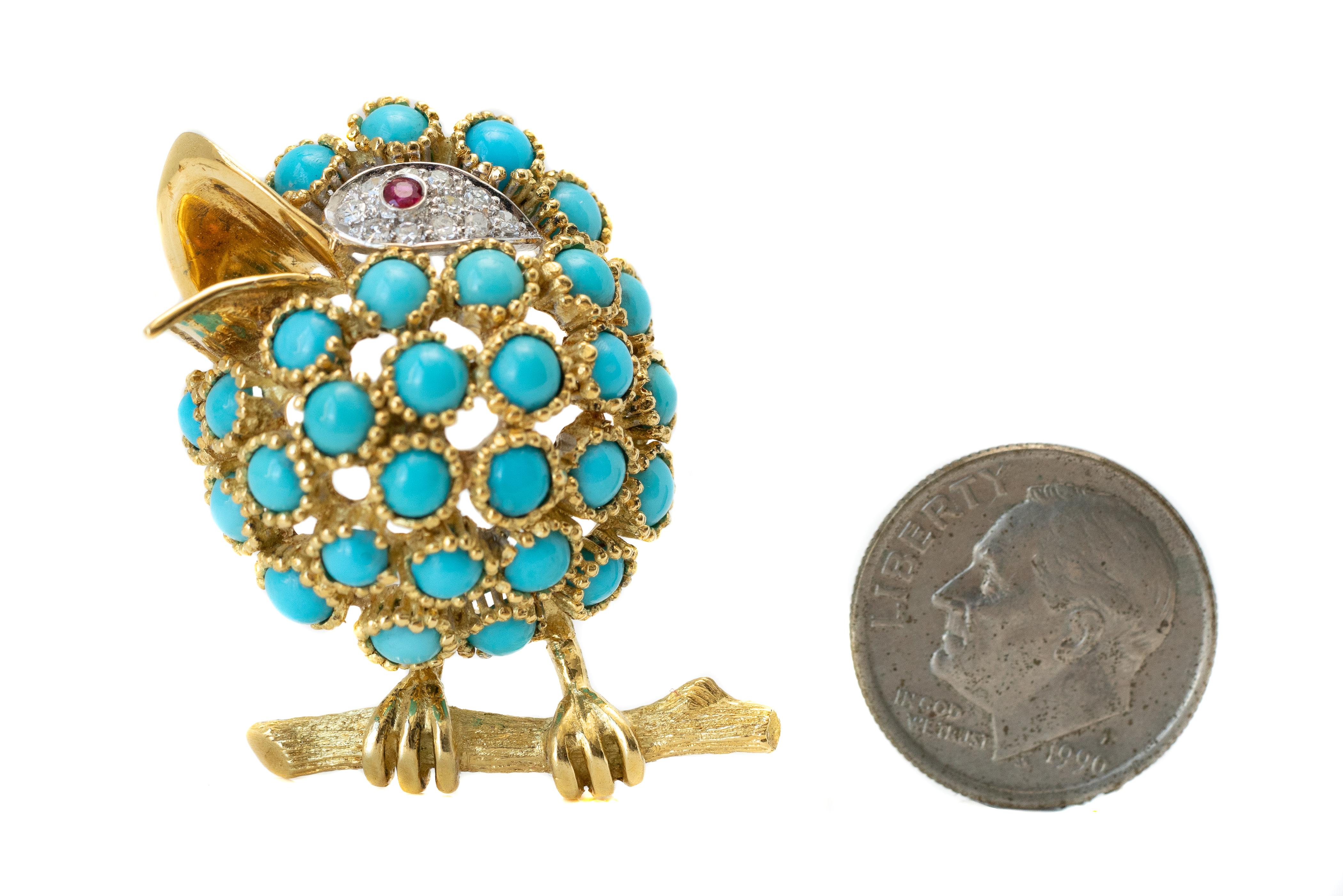 Round Cut Diamonds, Turquoise and Ruby in 18 Karat Gold Bird Brooch