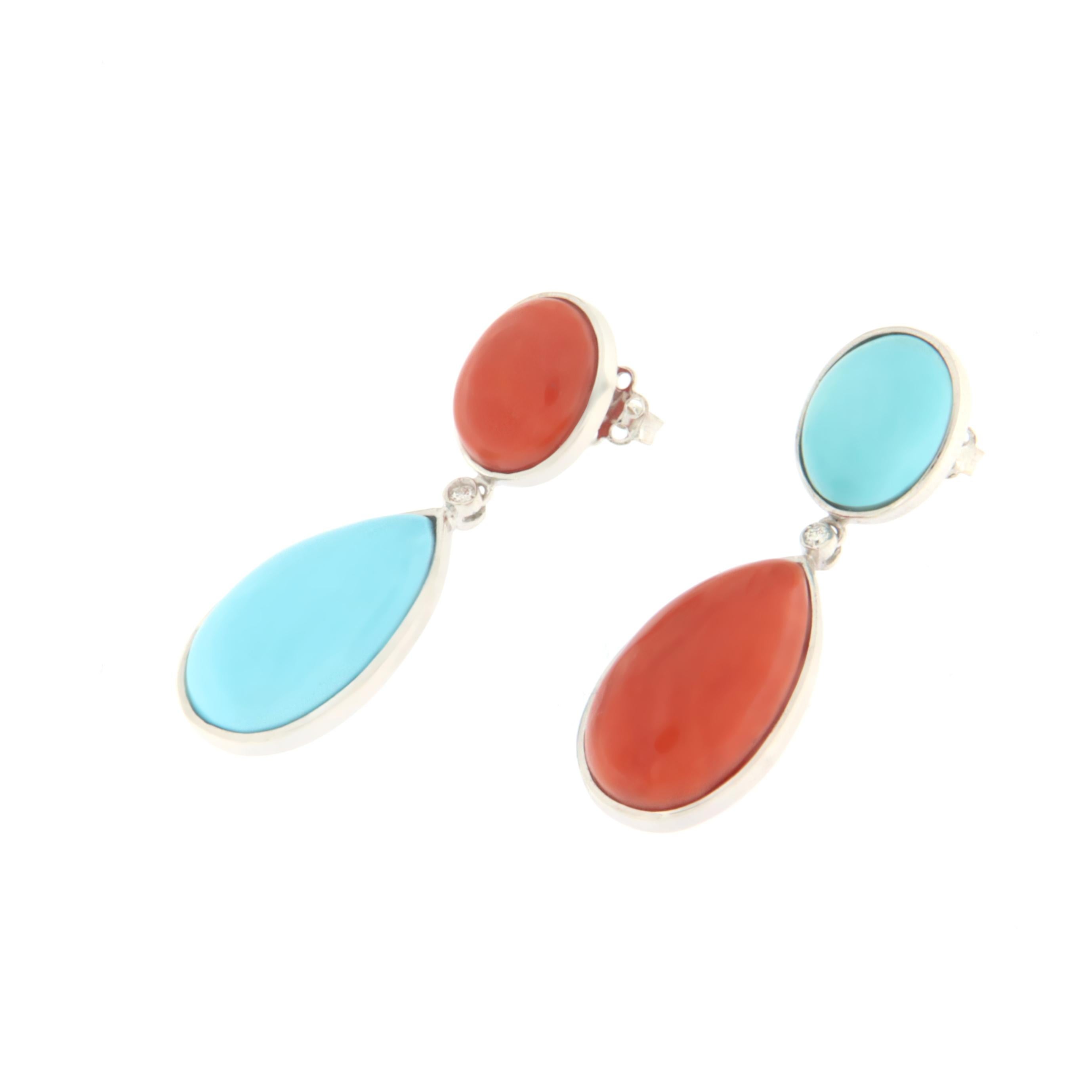 Contemporary Diamonds Turquoise Coral White Gold 18 Karat Drop Earrings For Sale