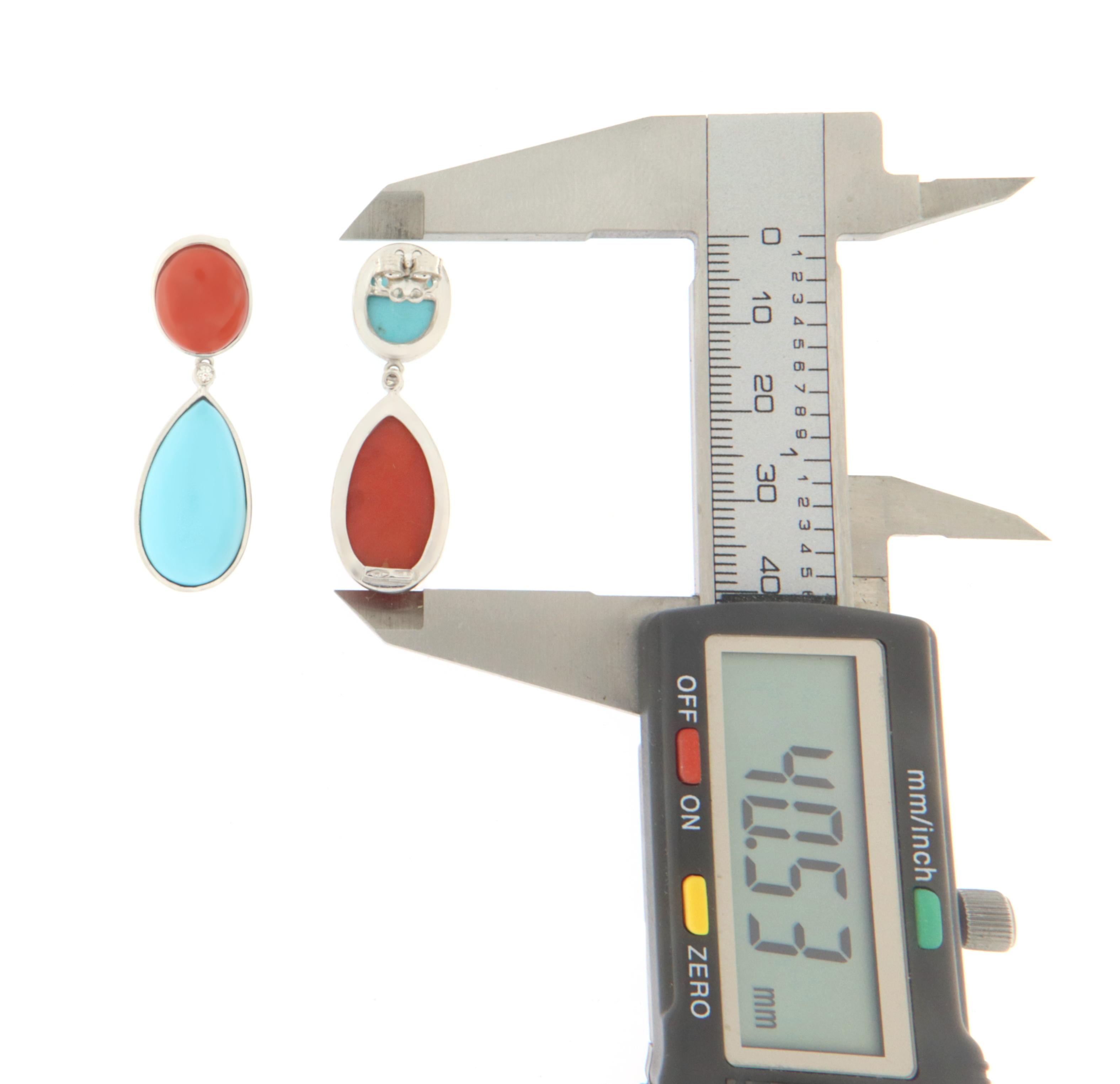 Diamonds Turquoise Coral White Gold 18 Karat Drop Earrings In New Condition For Sale In Marcianise, IT