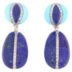 Diamonds Turquoise Lapis 18 Karat White Gold Drop Earrings