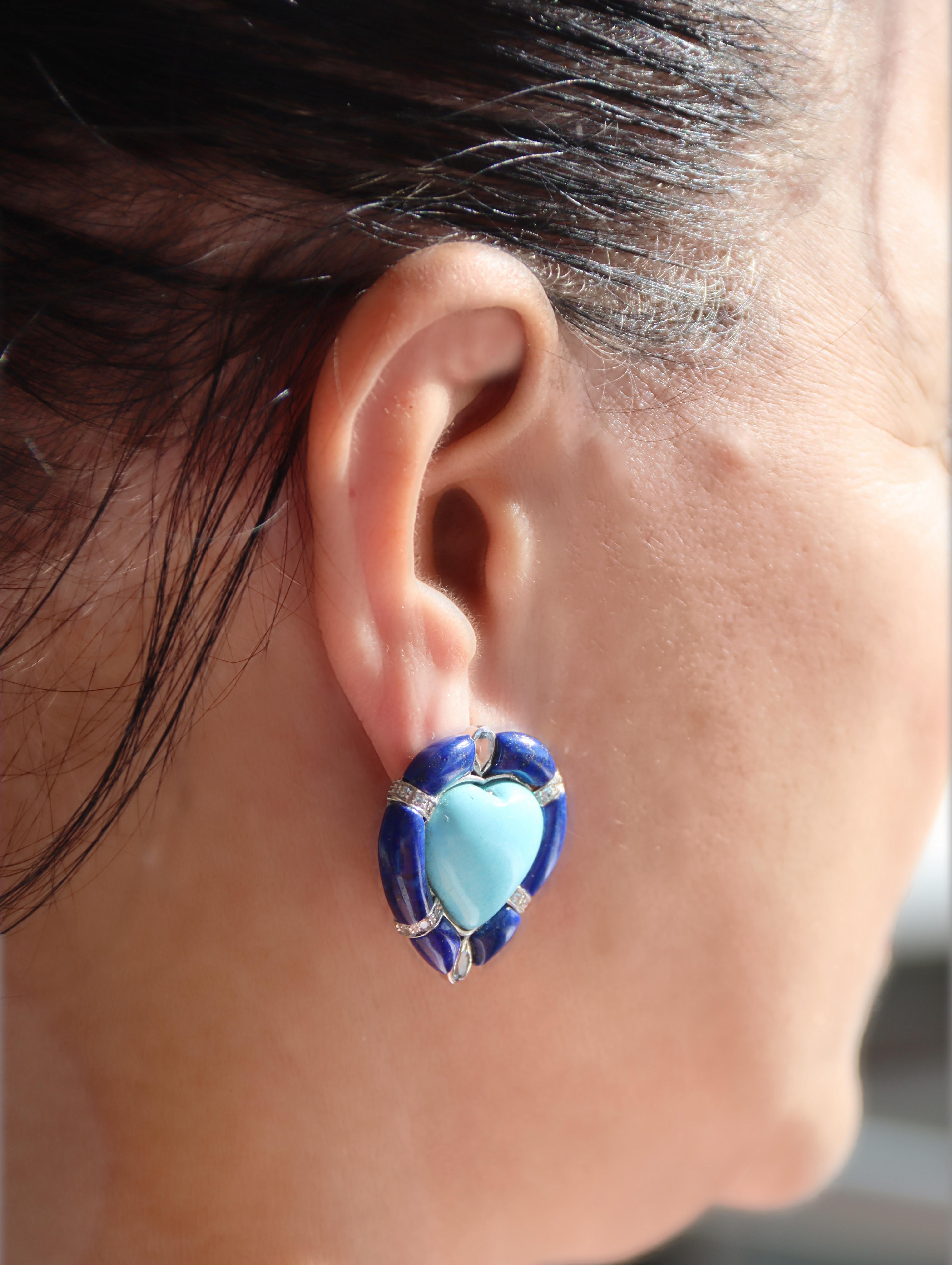 Diamonds Turquoise Lapis Lazuli 18 Carat White Gold Clip-on Earrings For Sale 3