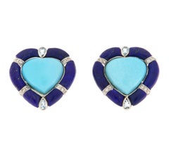 Diamonds Turquoise Lapis Lazuli 18 Carat White Gold Clip-on Earrings