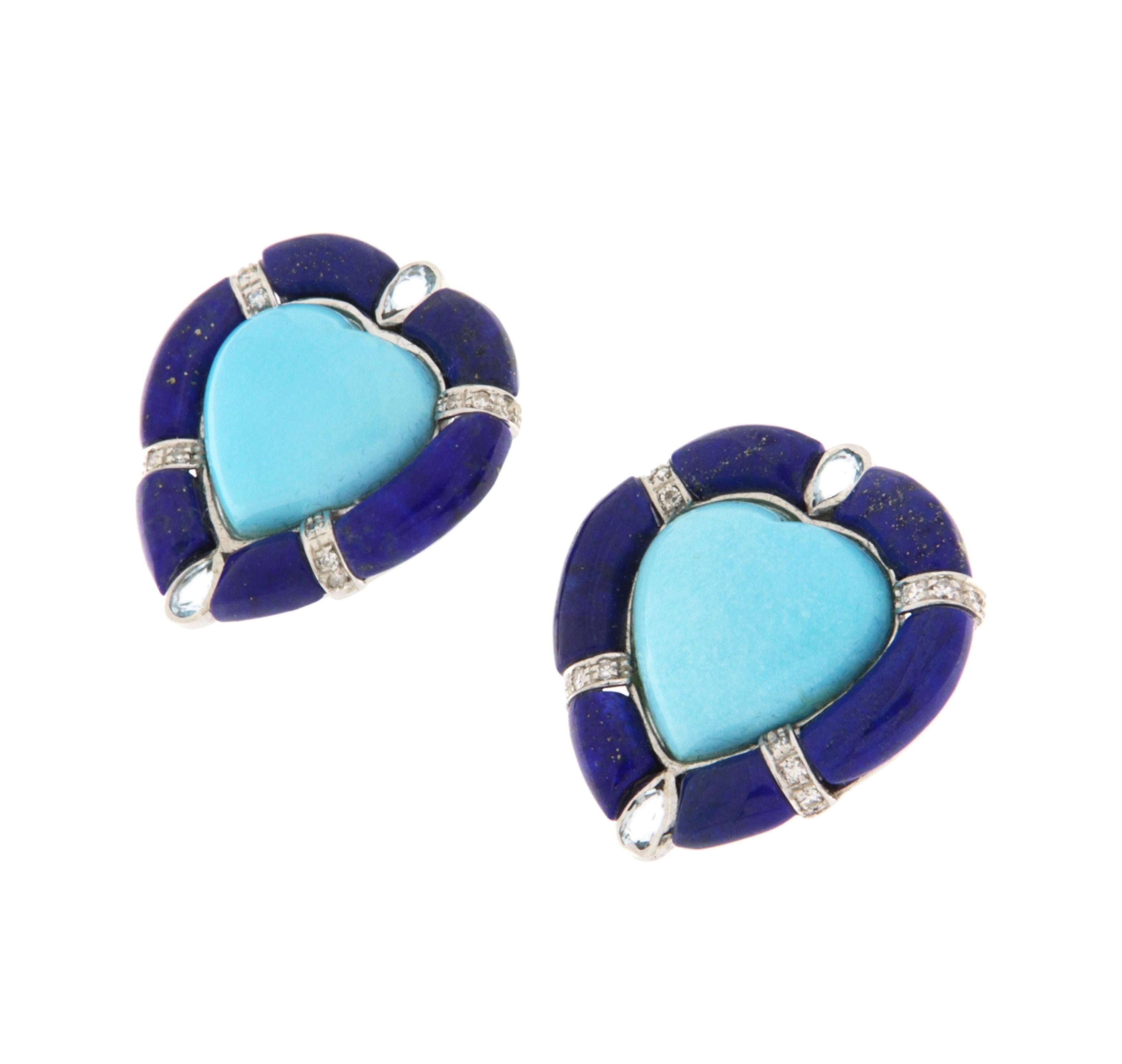 Artigiano Orecchini a clip in oro bianco 18 kt con diamanti, turchese e lapislazzuli in vendita