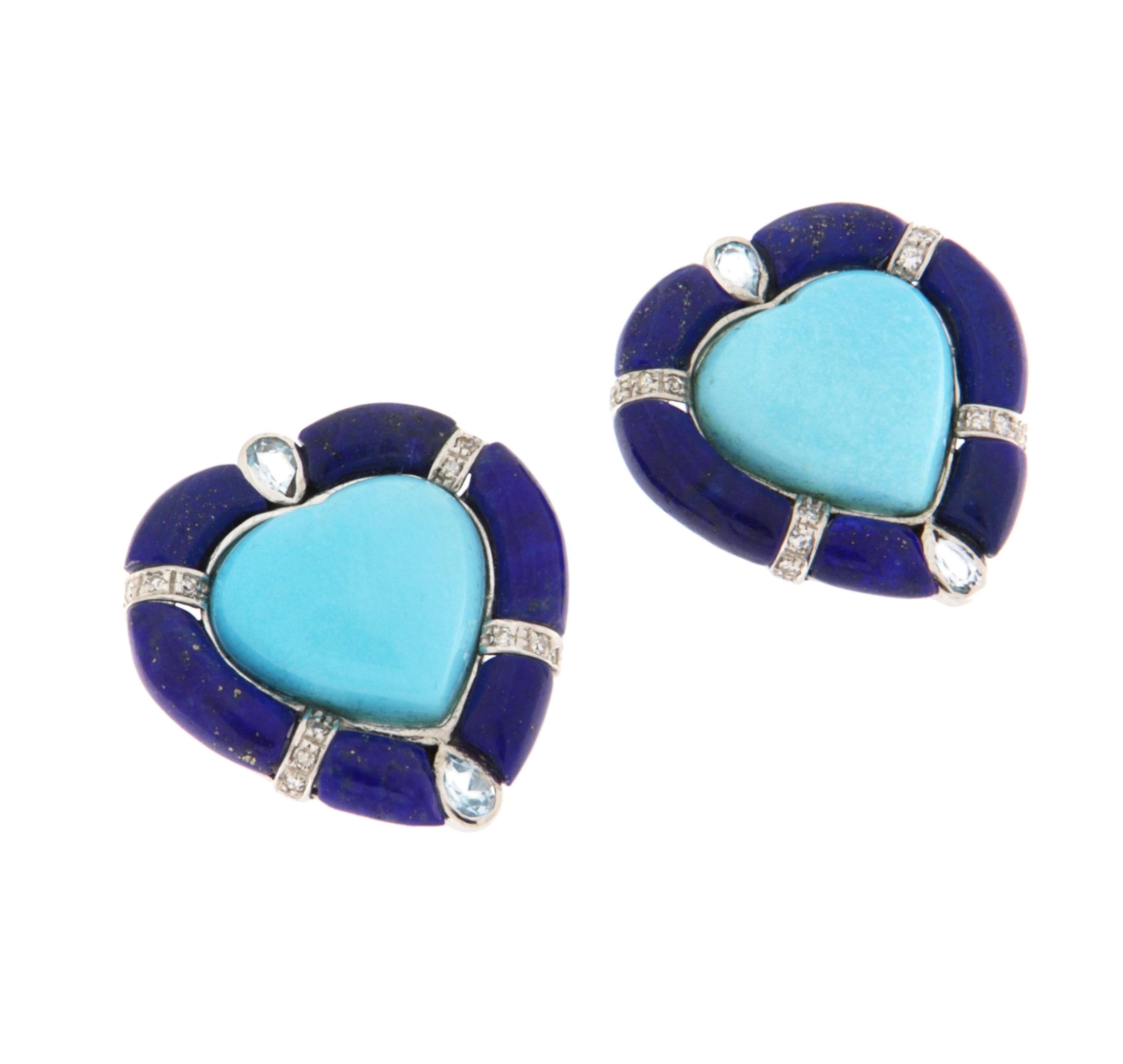 Taglio misto Orecchini a clip in oro bianco 18 kt con diamanti, turchese e lapislazzuli in vendita