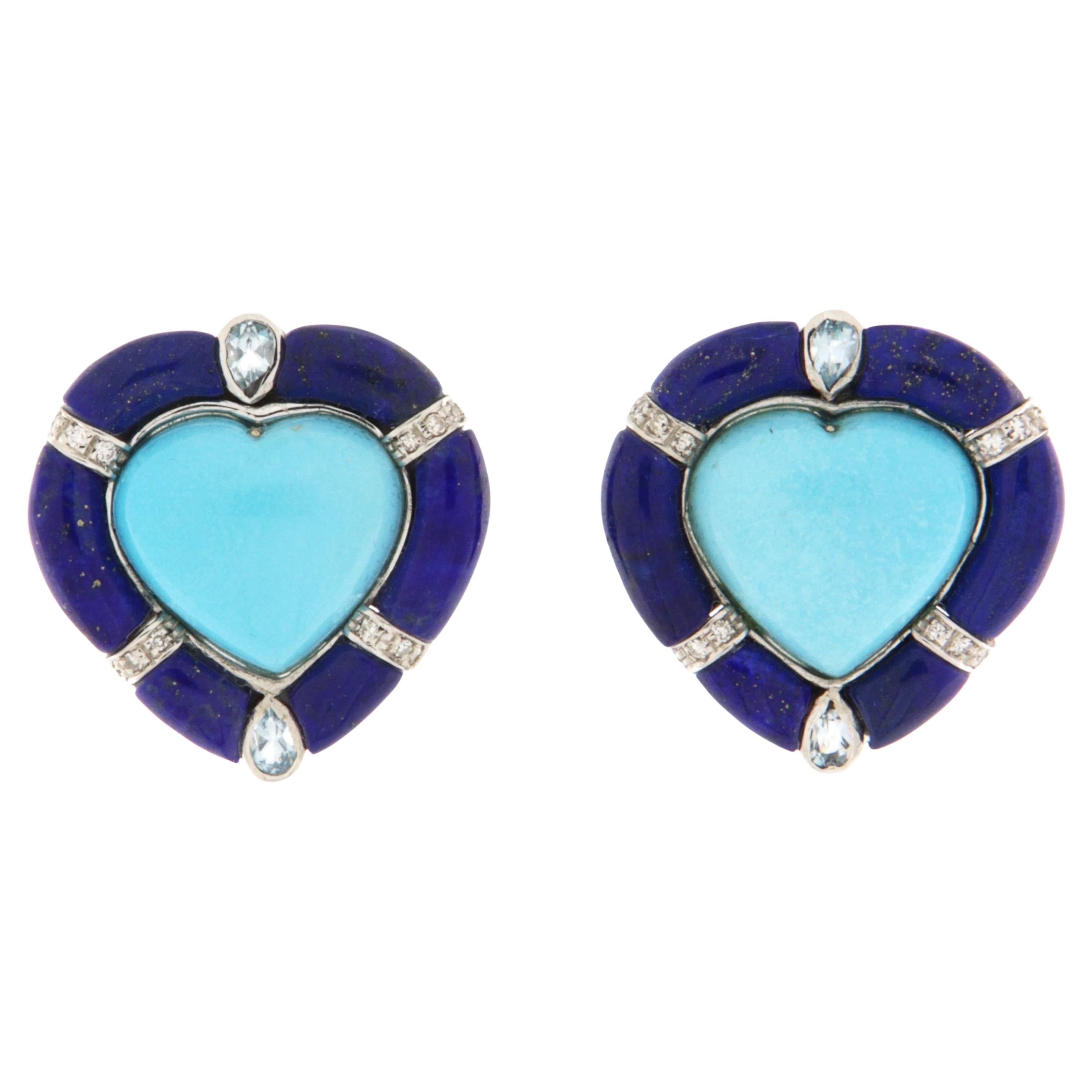 Orecchini a clip in oro bianco 18 kt con diamanti, turchese e lapislazzuli in vendita