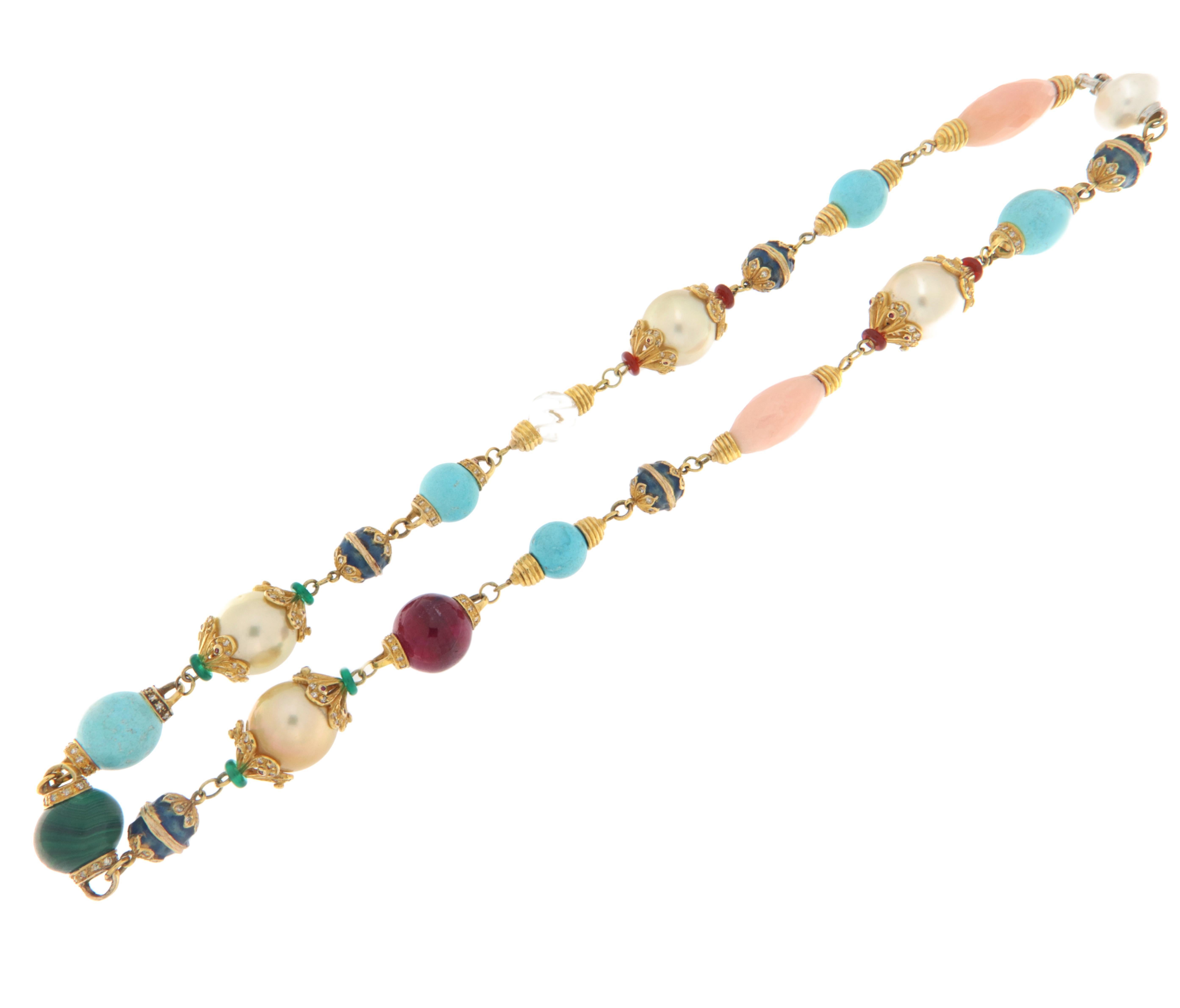 Artisan Diamonds Turquoise Pearls Rubies Coral 14 Karat Yellow Gold Choker Necklace For Sale