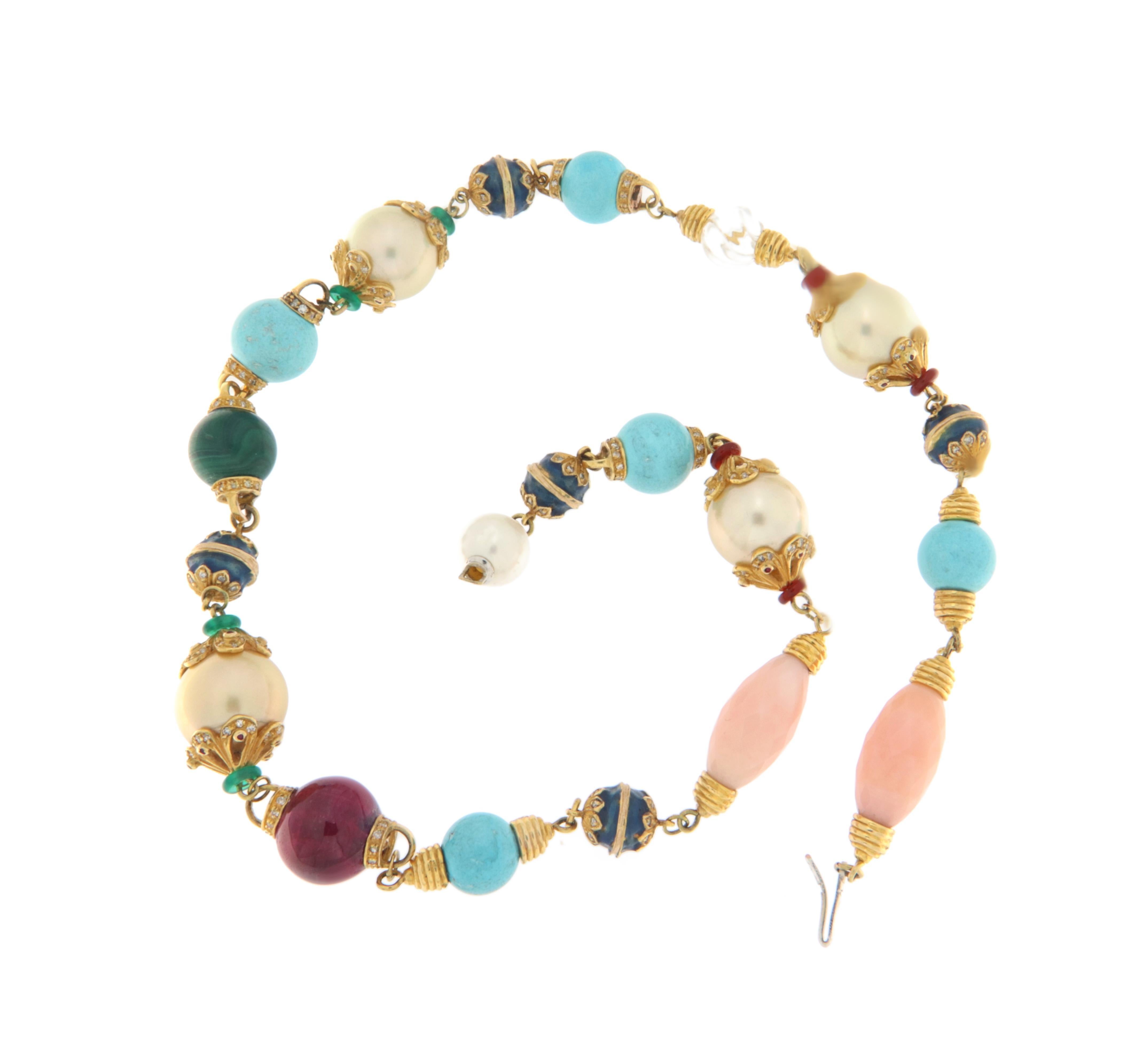 Mixed Cut Diamonds Turquoise Pearls Rubies Coral 14 Karat Yellow Gold Choker Necklace For Sale