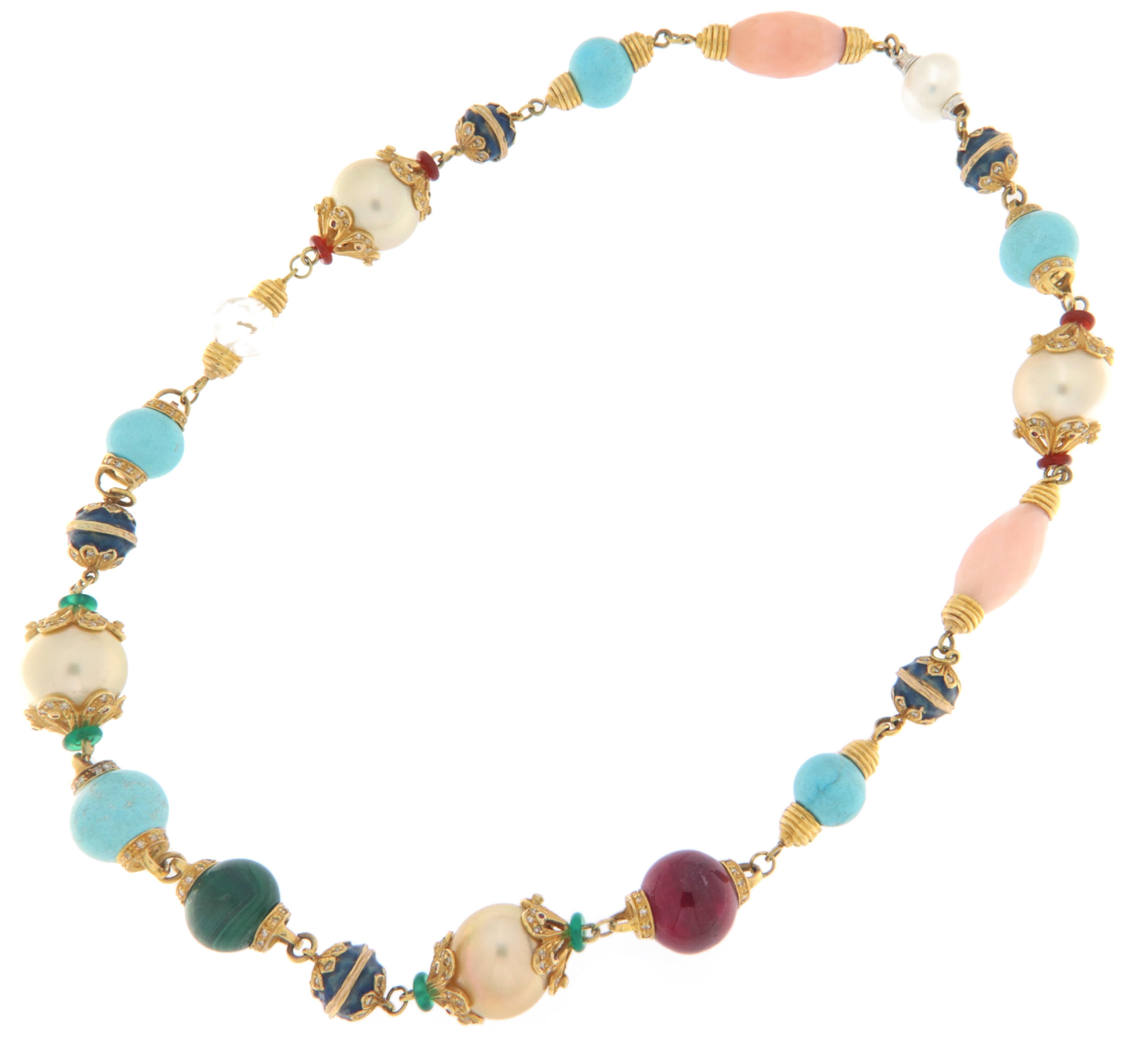 Diamonds Turquoise Pearls Rubies Coral 14 Karat Yellow Gold Choker Necklace In New Condition For Sale In Marcianise, IT