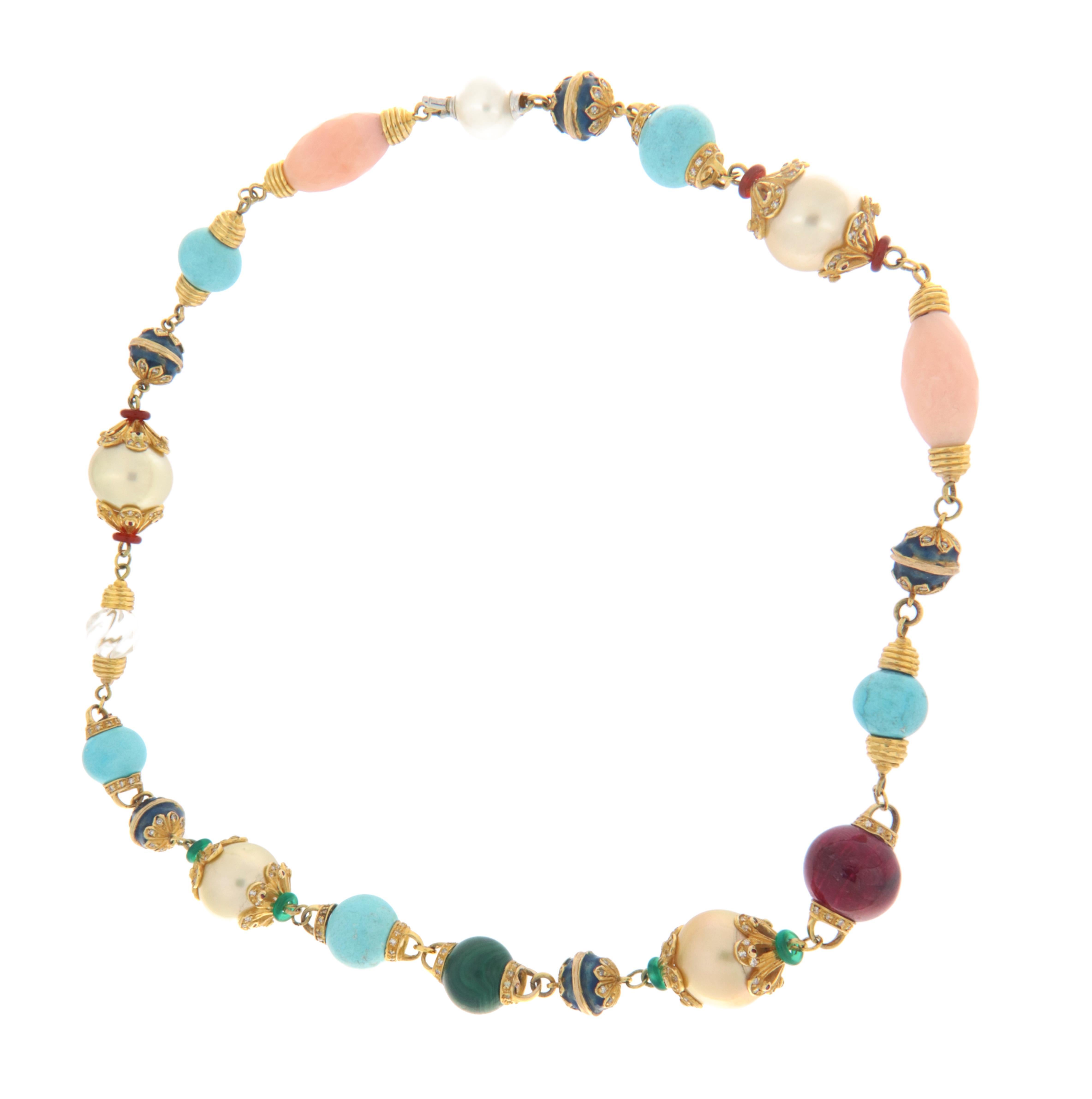 Women's Diamonds Turquoise Pearls Rubies Coral 14 Karat Yellow Gold Choker Necklace For Sale
