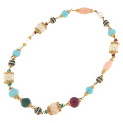 Diamonds Turquoise Pearls Rubies Coral 14 Karat Yellow Gold Choker Necklace