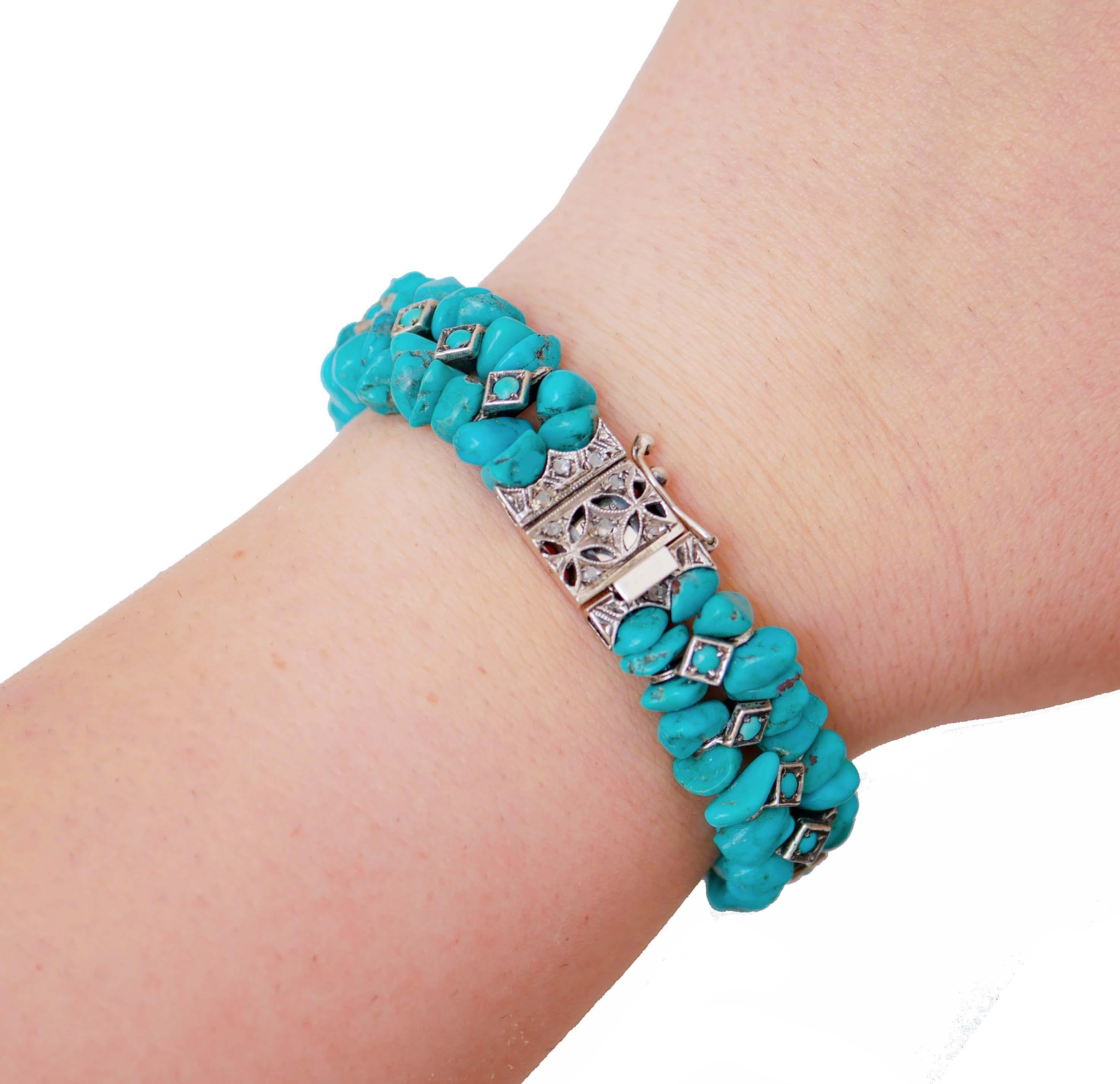 Retro Diamonds, Turquoise,  Rose Gold and Silver Bracelet For Sale
