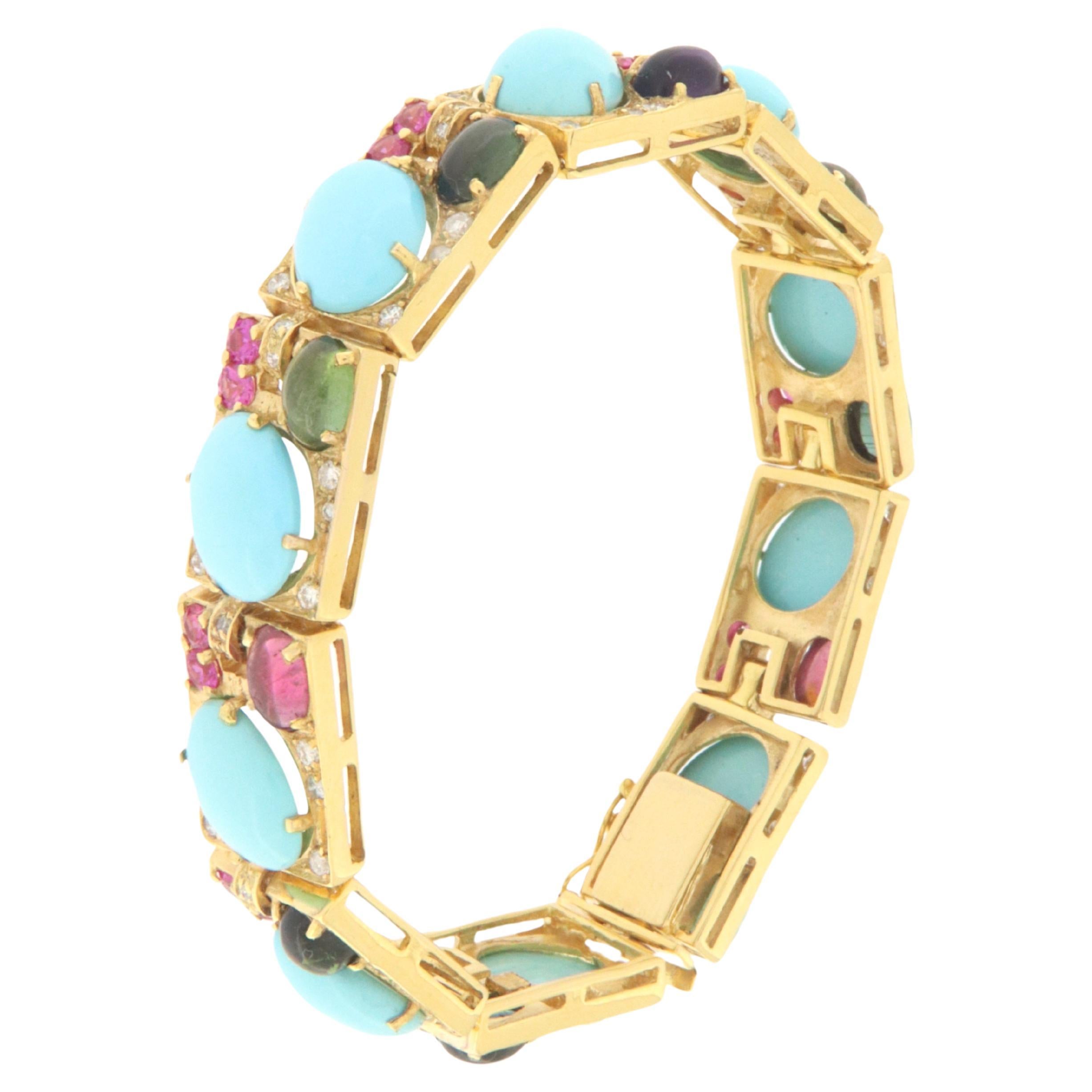 Bracelet manchette en or jaune 14 carats diamants turquoise rubis tourmaline