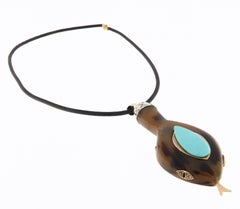 Diamonds Turquoise Snake 9 Karat Yellow Gold Drop Necklace